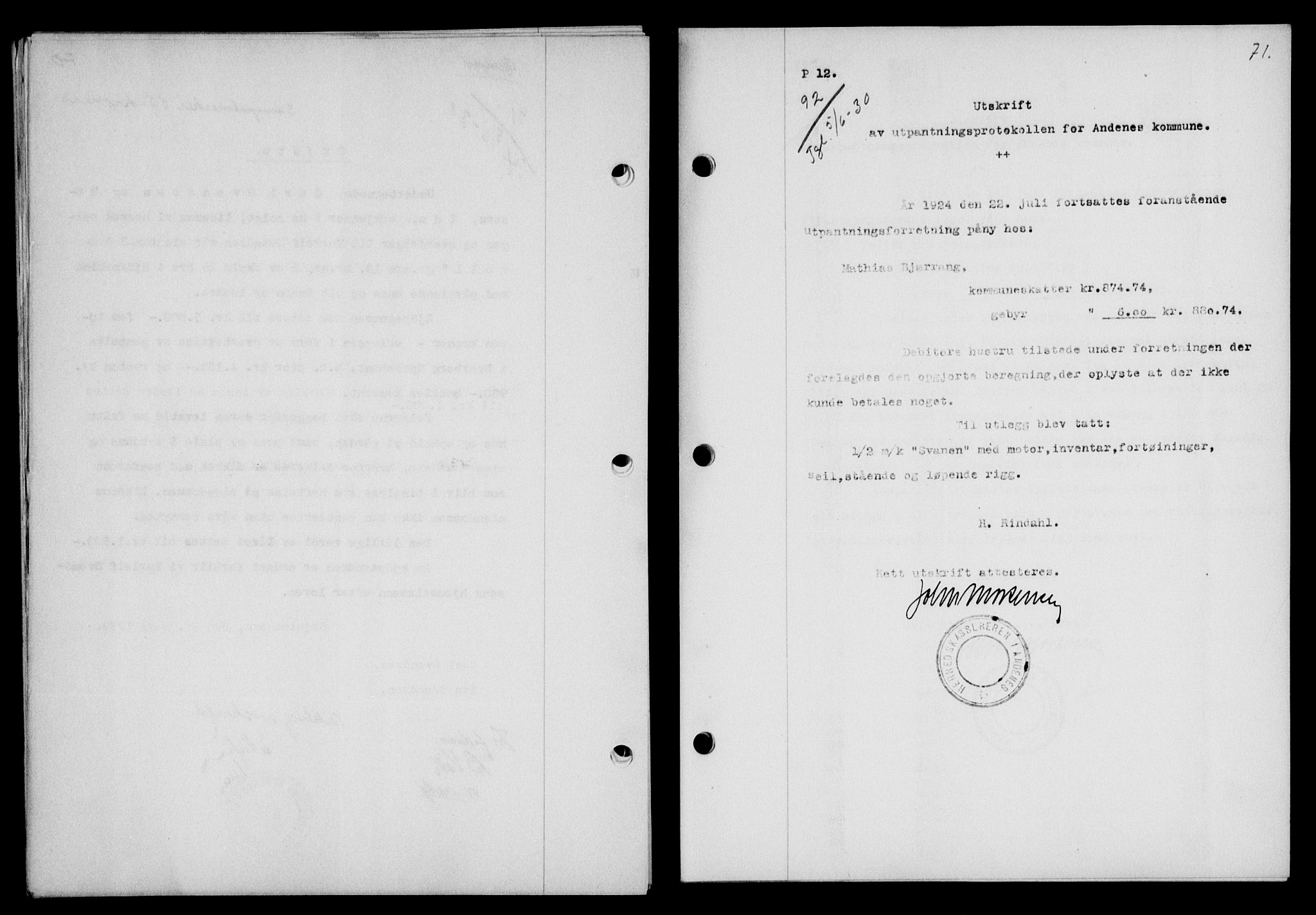Vesterålen sorenskriveri, SAT/A-4180/1/2/2Ca/L0051: Mortgage book no. 44, 1930-1930, Deed date: 05.06.1930