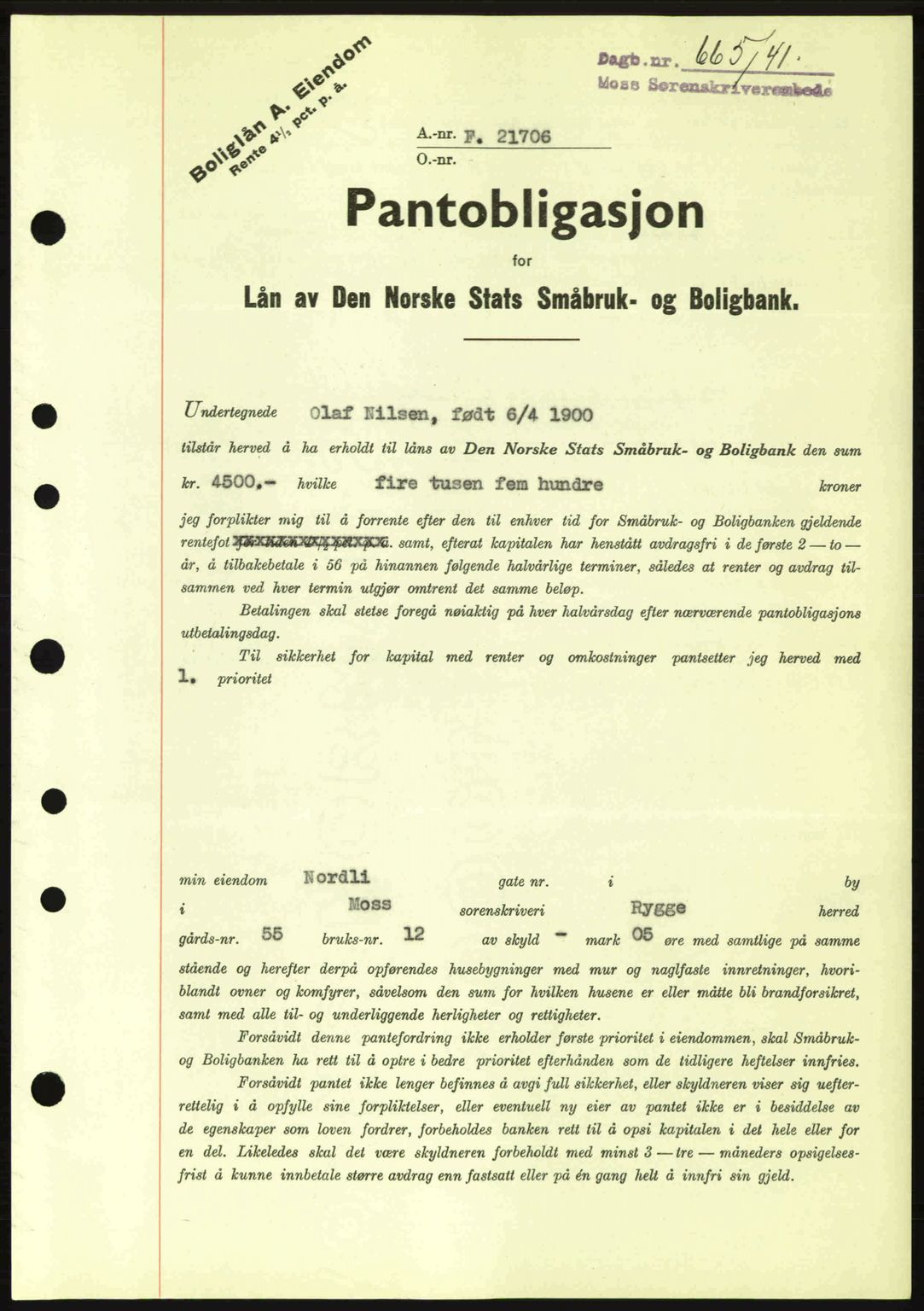 Moss sorenskriveri, SAO/A-10168: Mortgage book no. B10, 1940-1941, Diary no: : 665/1941