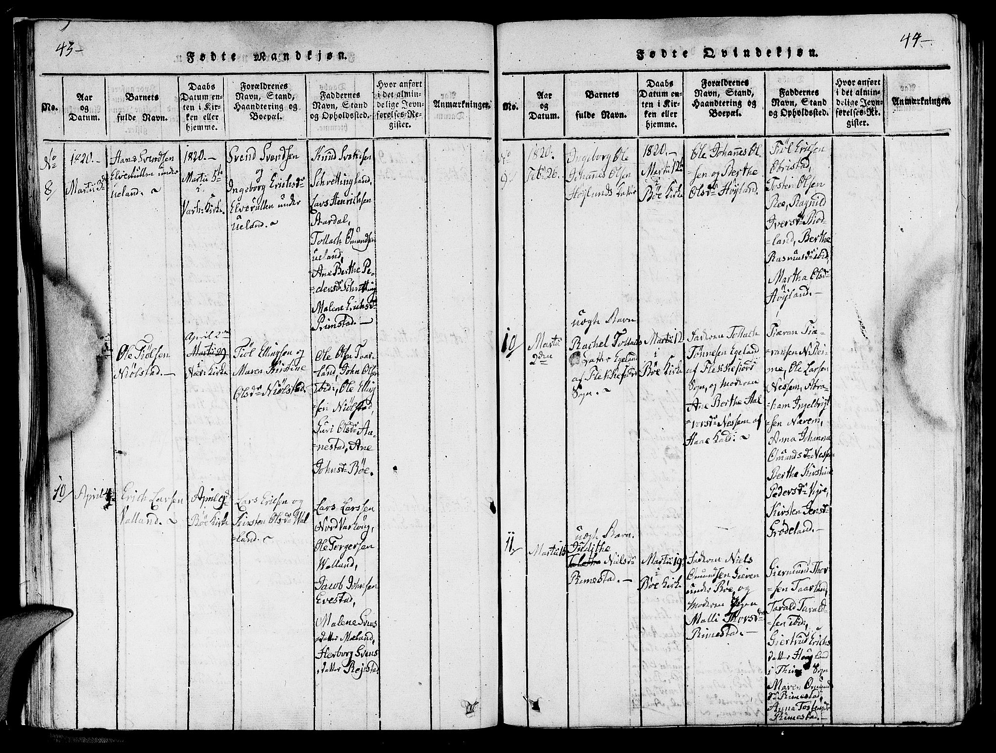 Hå sokneprestkontor, SAST/A-101801/001/30BA/L0003: Parish register (official) no. A 3, 1815-1825, p. 43-44