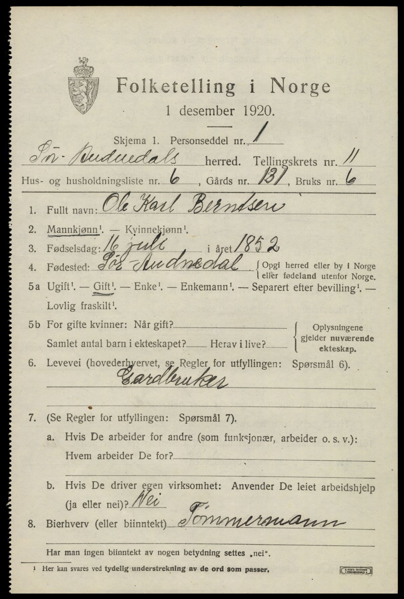 SAK, 1920 census for Sør-Audnedal, 1920, p. 4305