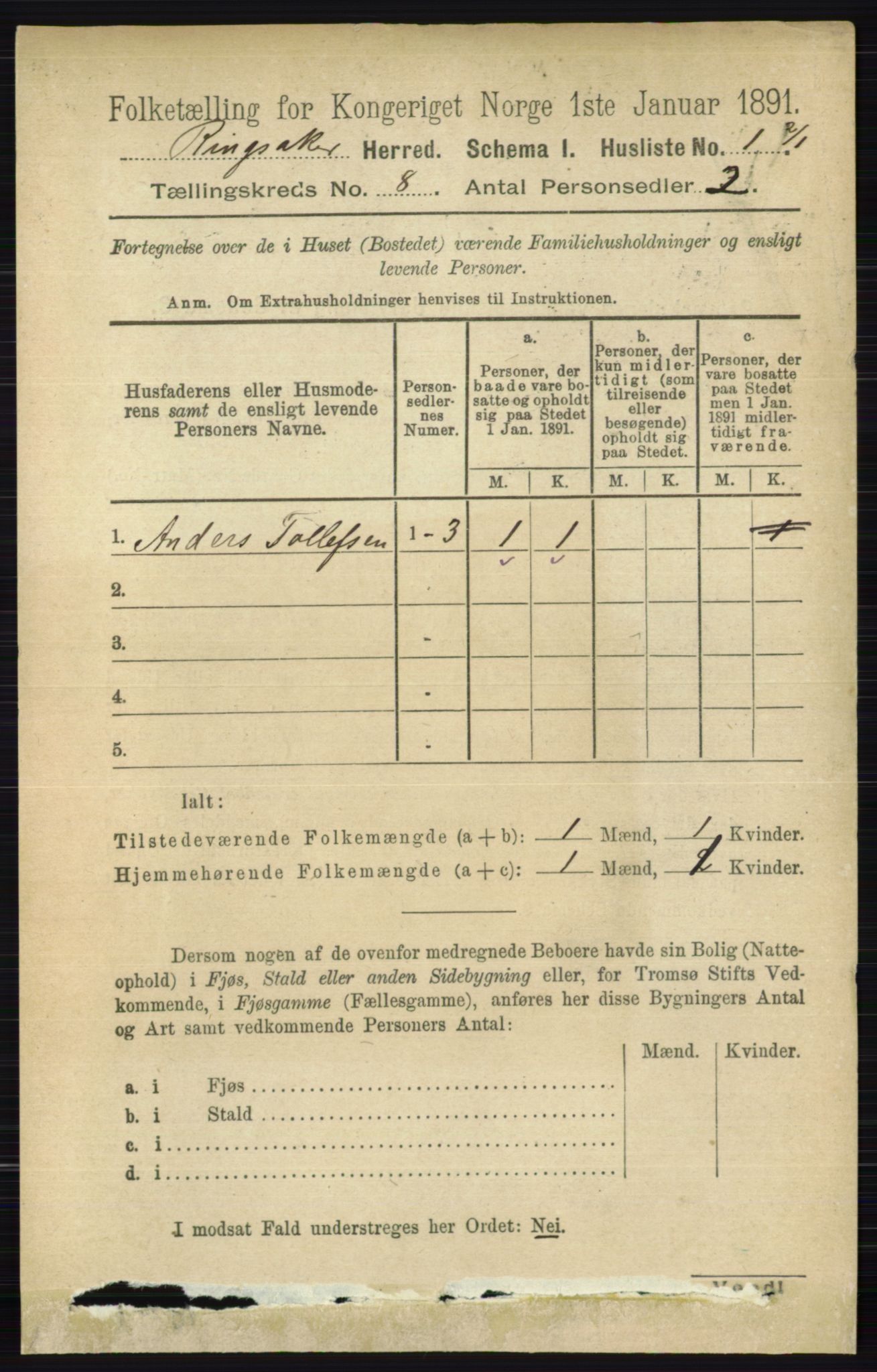 RA, 1891 census for 0412 Ringsaker, 1891, p. 4376