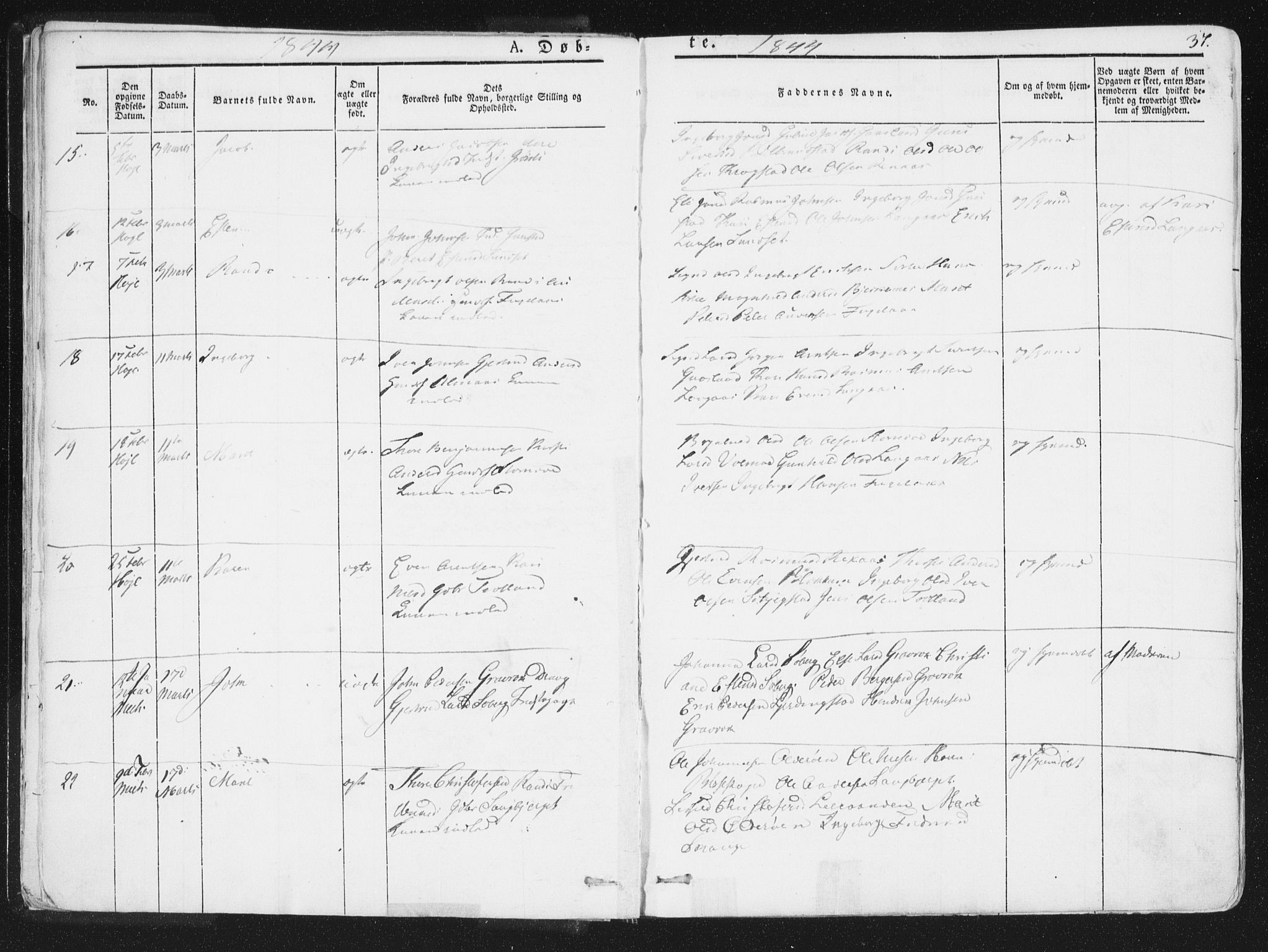 Ministerialprotokoller, klokkerbøker og fødselsregistre - Sør-Trøndelag, SAT/A-1456/691/L1074: Parish register (official) no. 691A06, 1842-1852, p. 37
