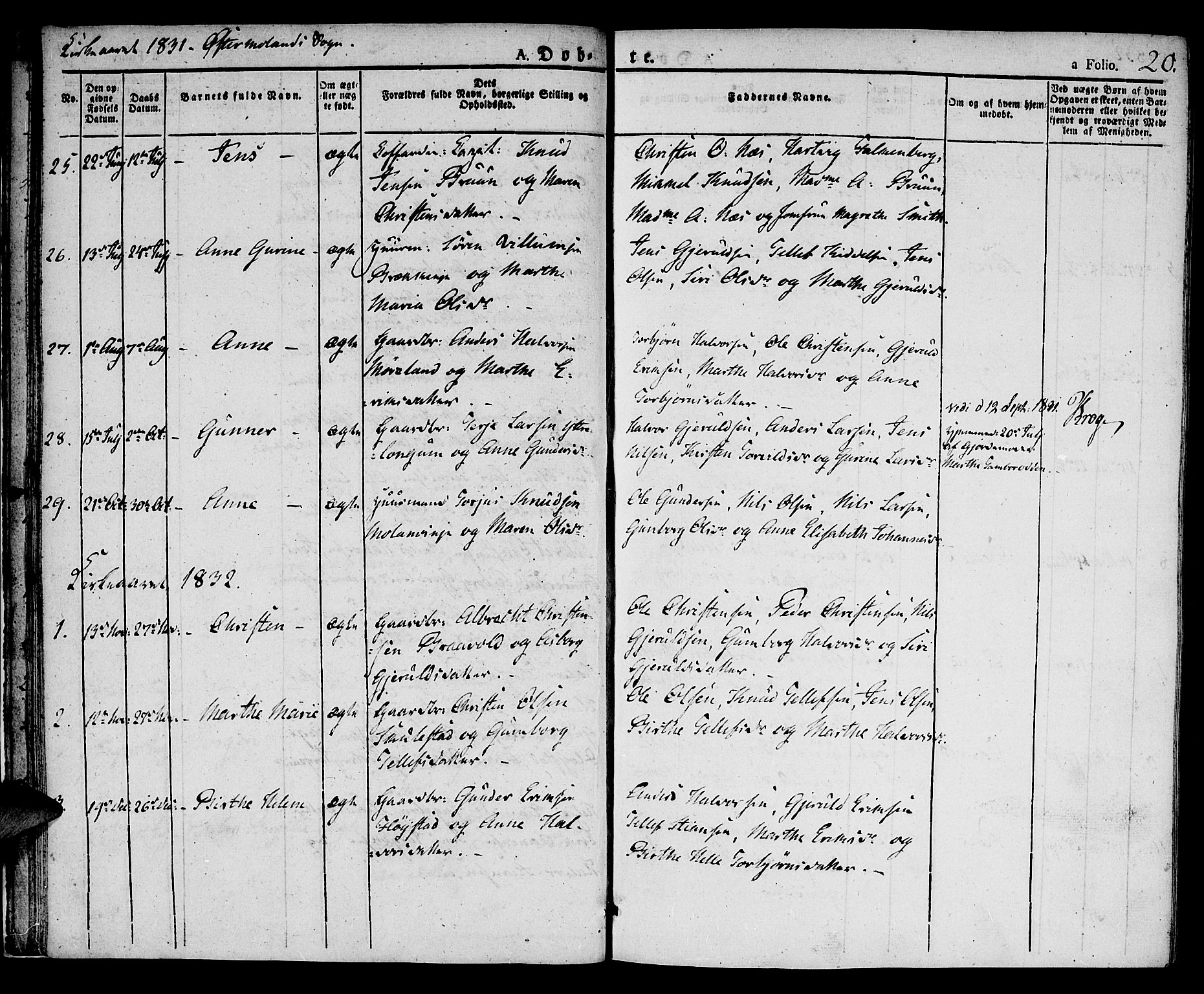 Austre Moland sokneprestkontor, SAK/1111-0001/F/Fa/Faa/L0005: Parish register (official) no. A 5, 1825-1837, p. 20