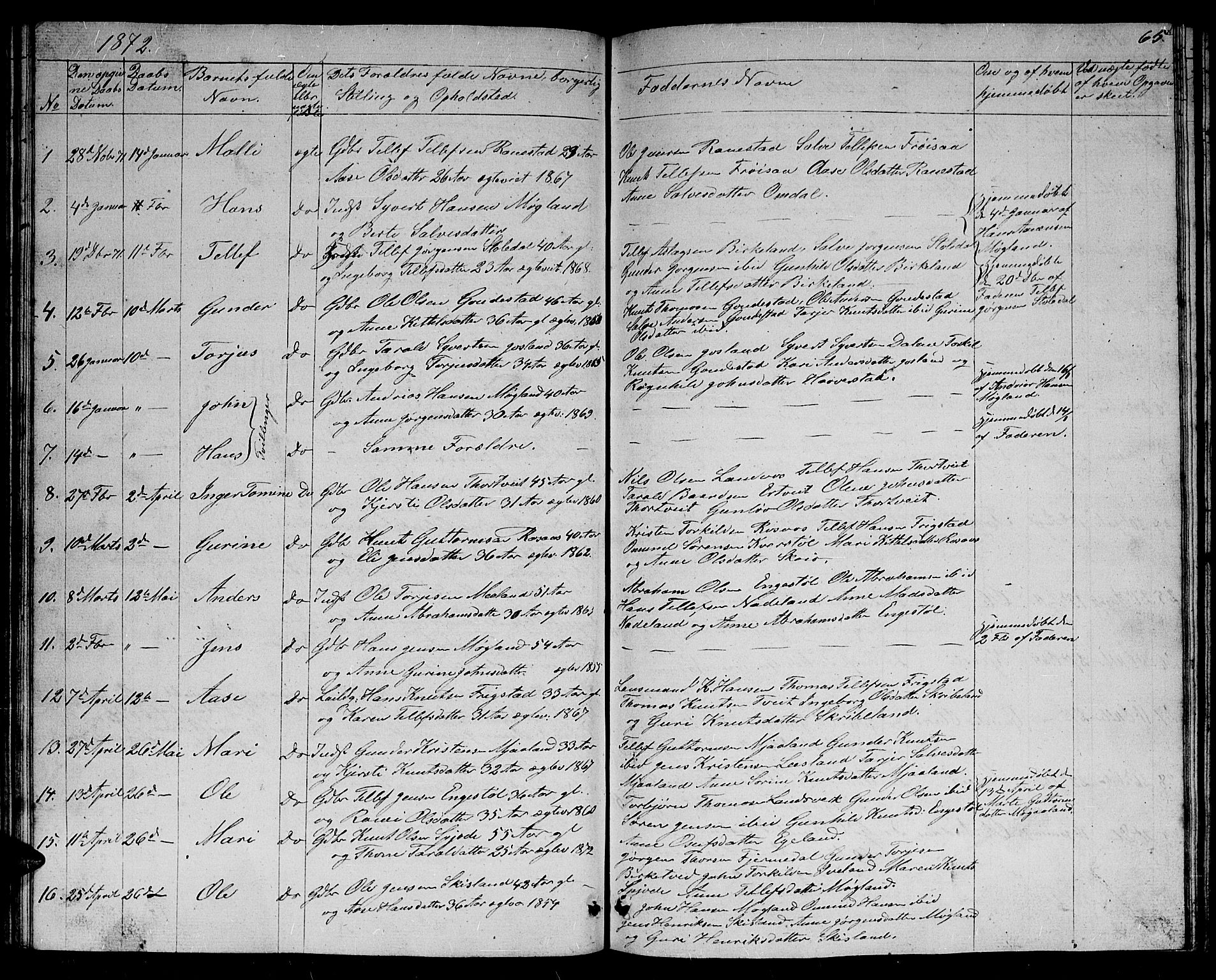 Evje sokneprestkontor, SAK/1111-0008/F/Fb/Fbc/L0002: Parish register (copy) no. B 2, 1849-1876, p. 65