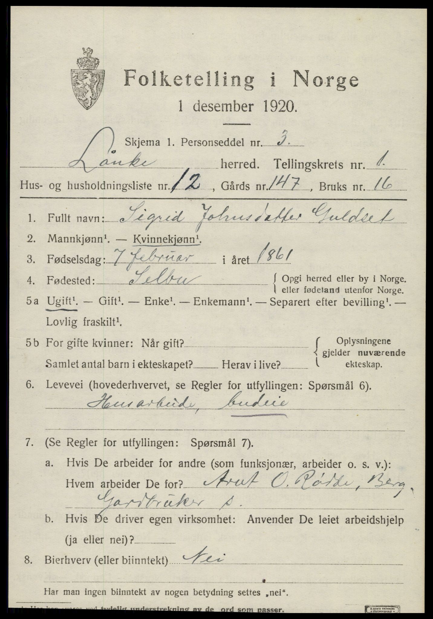 SAT, 1920 census for Lånke, 1920, p. 660