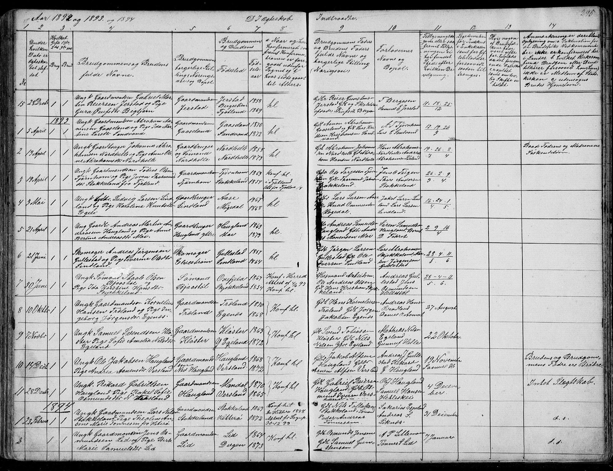 Kvinesdal sokneprestkontor, AV/SAK-1111-0026/F/Fb/Fbb/L0002: Parish register (copy) no. B 2, 1873-1897, p. 295