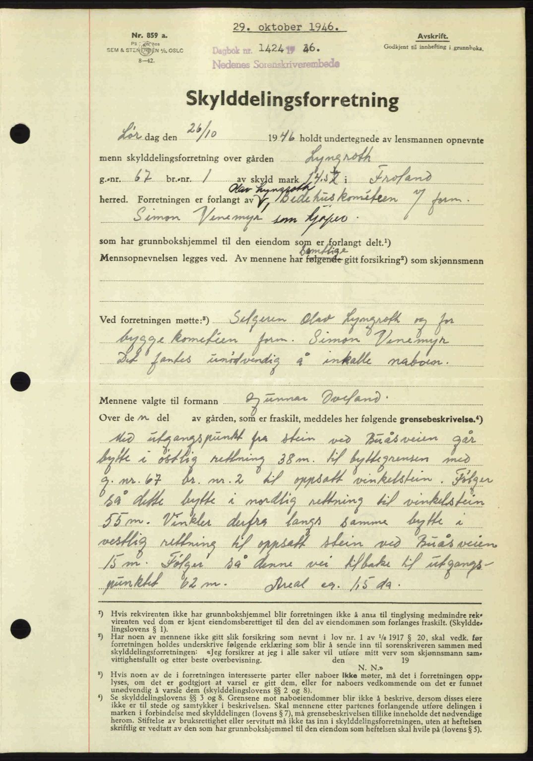 Nedenes sorenskriveri, AV/SAK-1221-0006/G/Gb/Gba/L0056: Mortgage book no. A8, 1946-1947, Diary no: : 1424/1946