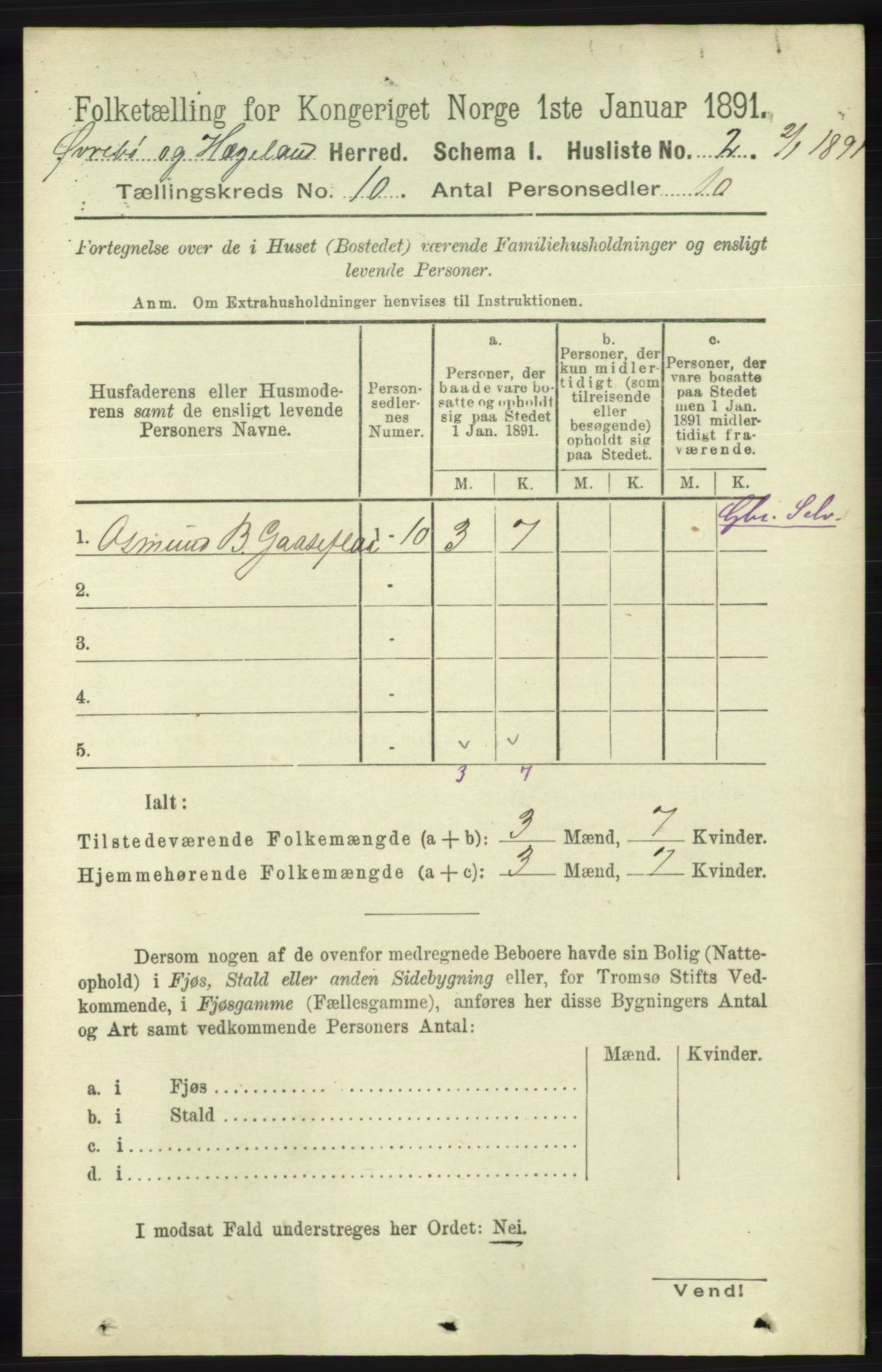 RA, 1891 census for 1016 Øvrebø og Hægeland, 1891, p. 2002