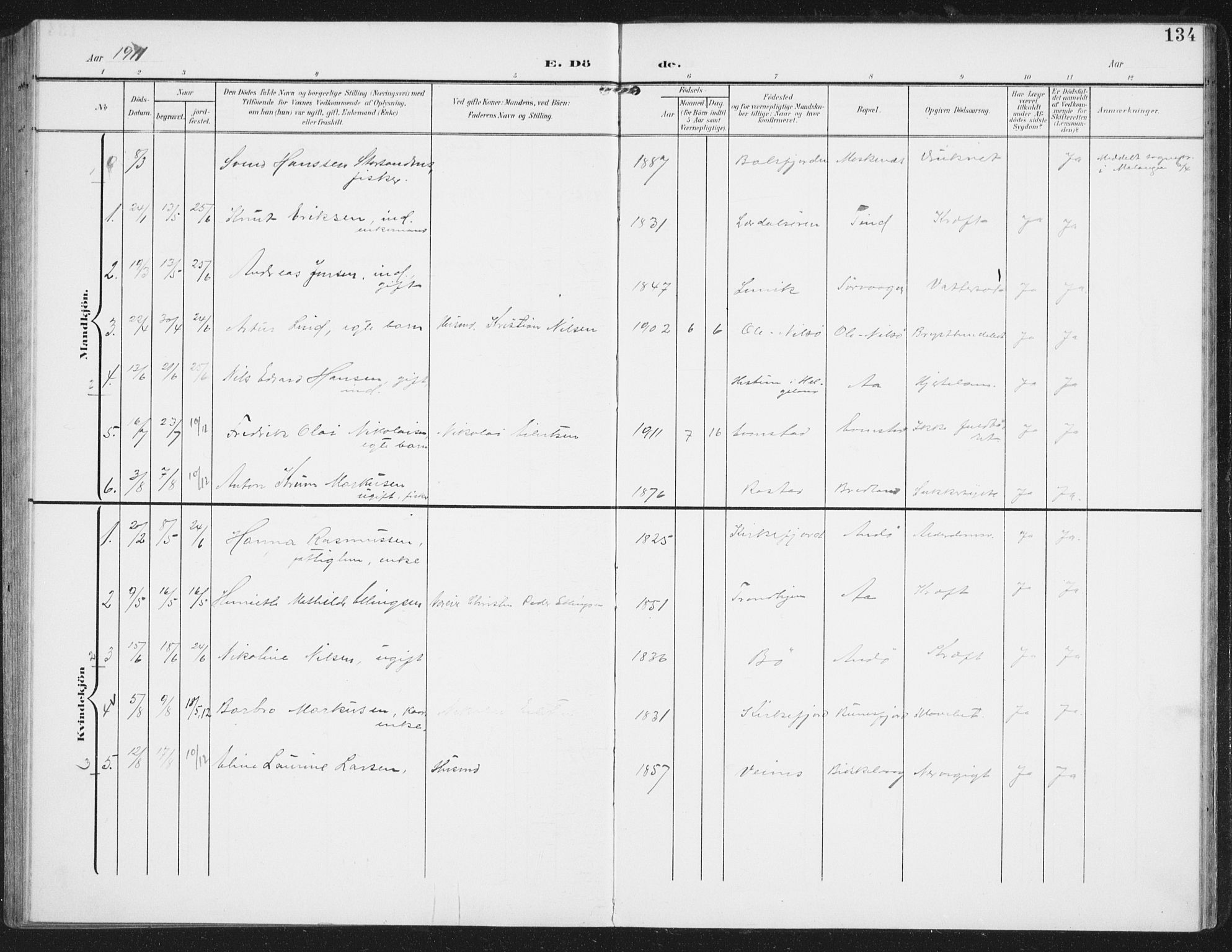 Ministerialprotokoller, klokkerbøker og fødselsregistre - Nordland, SAT/A-1459/886/L1221: Parish register (official) no. 886A03, 1903-1913, p. 134
