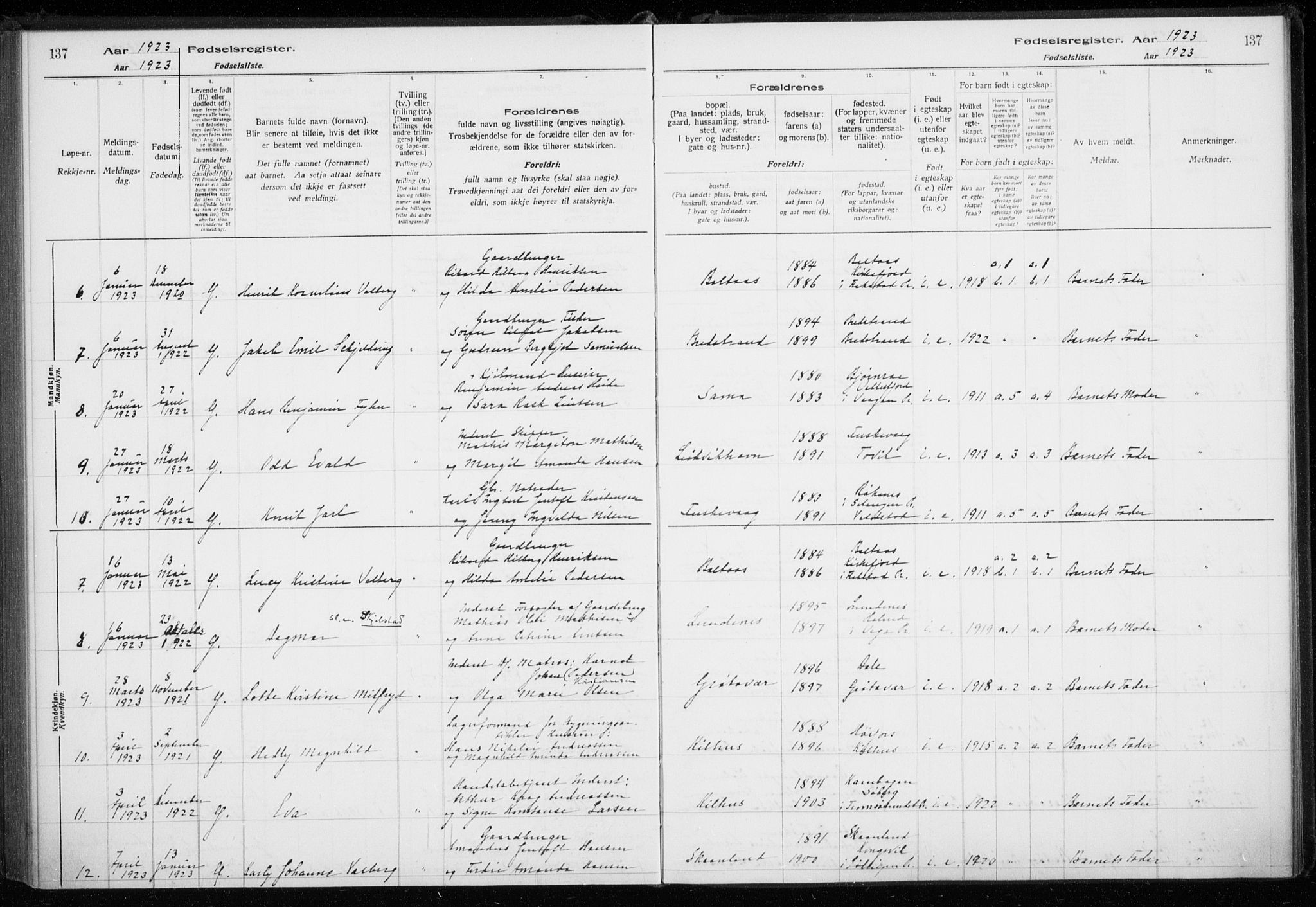 Trondenes sokneprestkontor, AV/SATØ-S-1319/I/Ia/L0089: Birth register no. 89, 1916-1925, p. 137