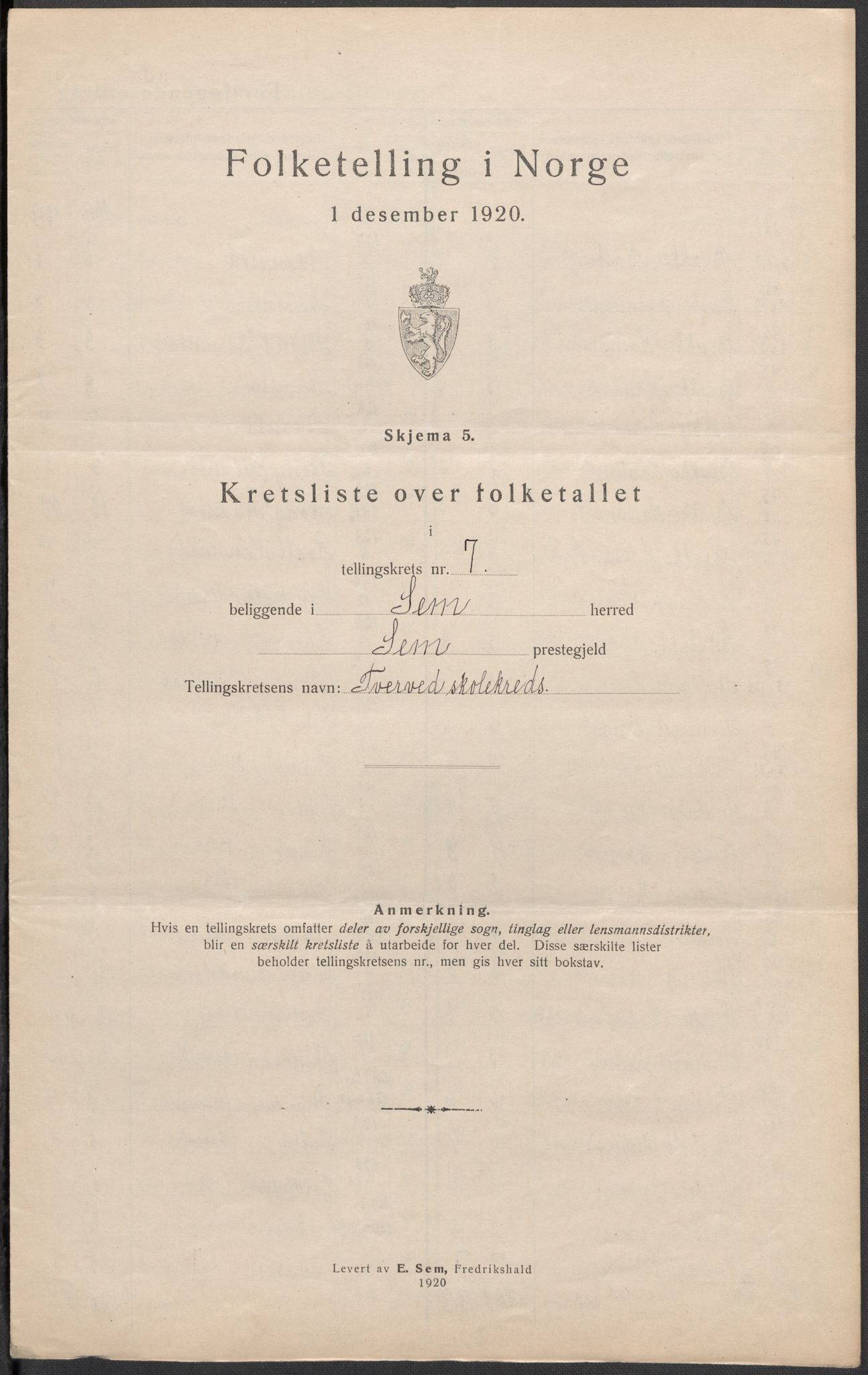 SAKO, 1920 census for Sem, 1920, p. 43