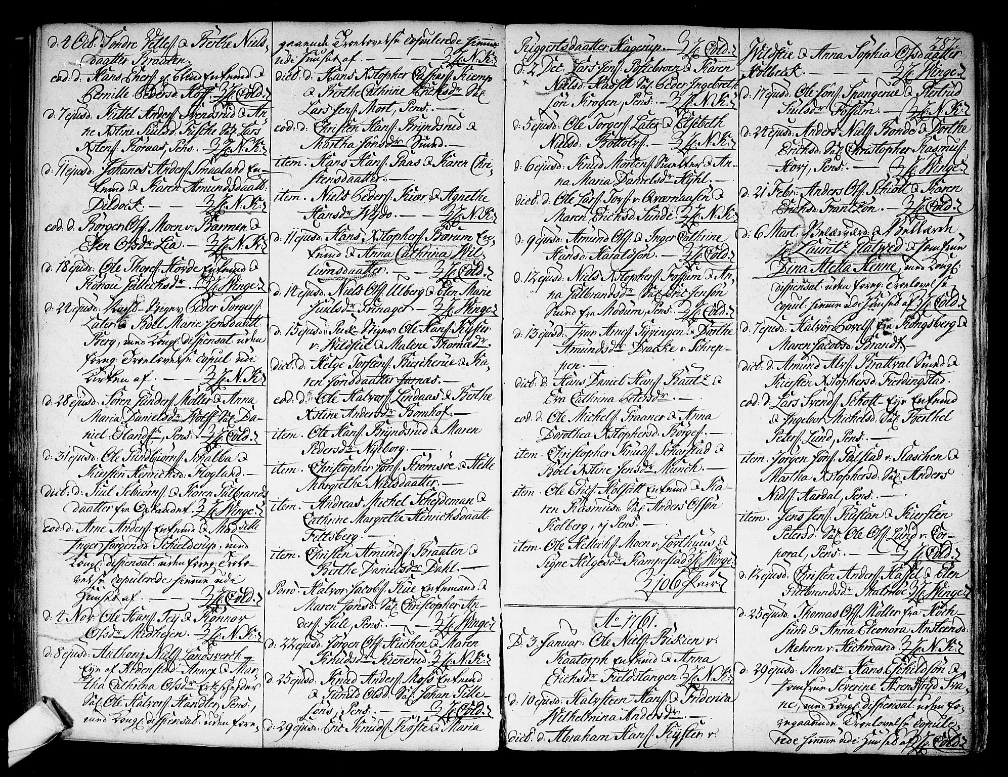 Kongsberg kirkebøker, AV/SAKO-A-22/F/Fa/L0004: Parish register (official) no. I 4, 1756-1768, p. 287