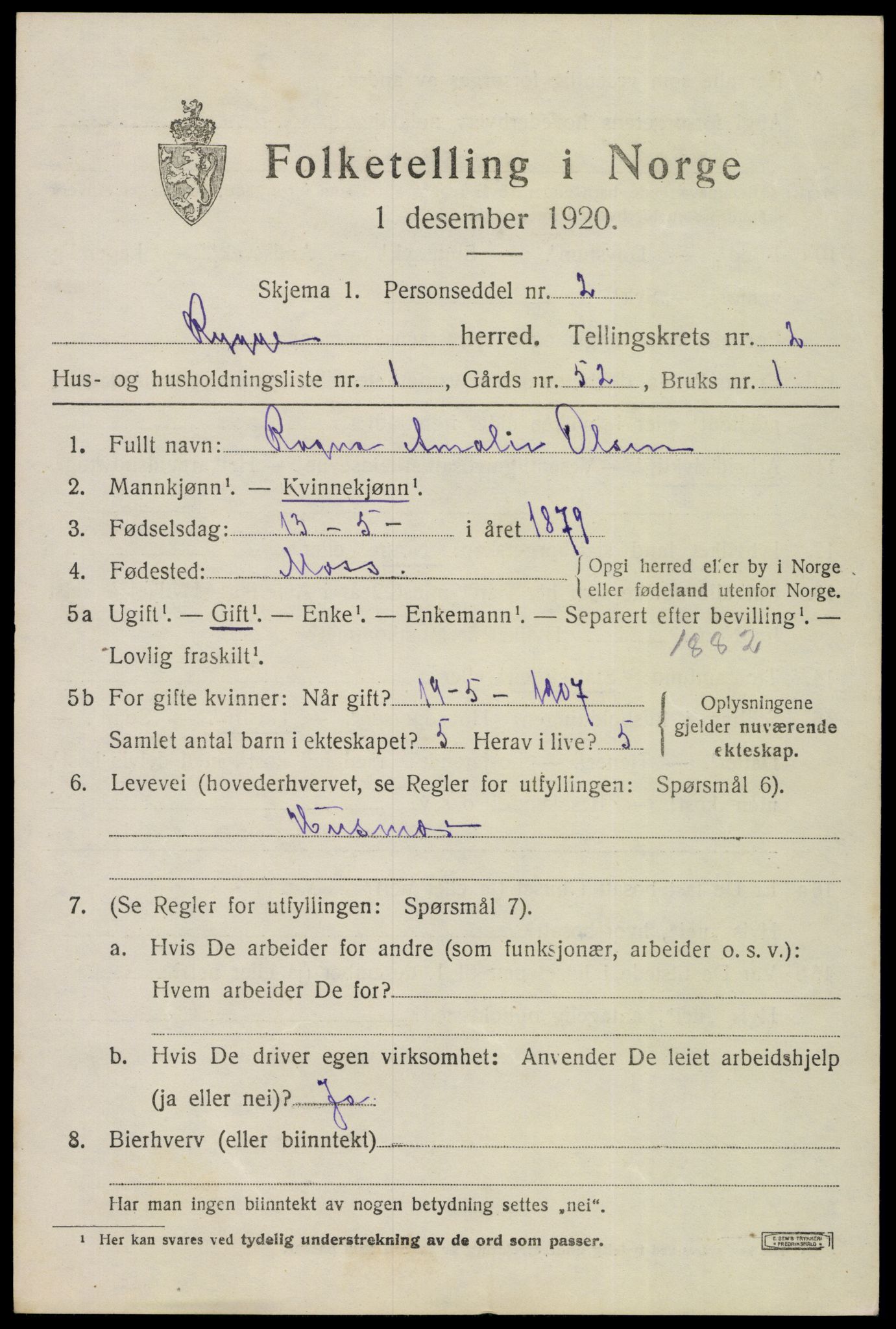 SAO, 1920 census for Rygge, 1920, p. 6095