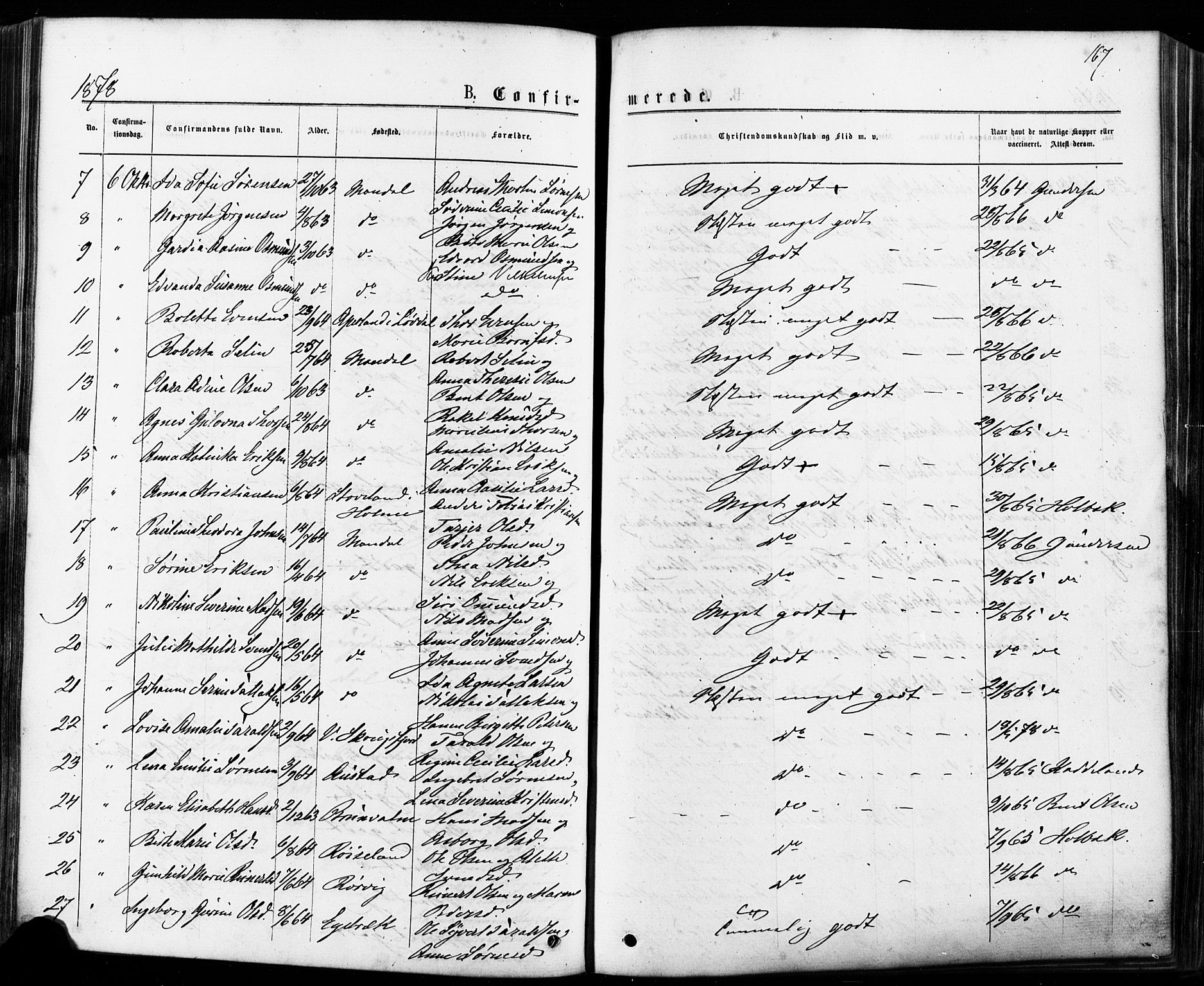 Mandal sokneprestkontor, AV/SAK-1111-0030/F/Fa/Faa/L0015: Parish register (official) no. A 15, 1873-1879, p. 167