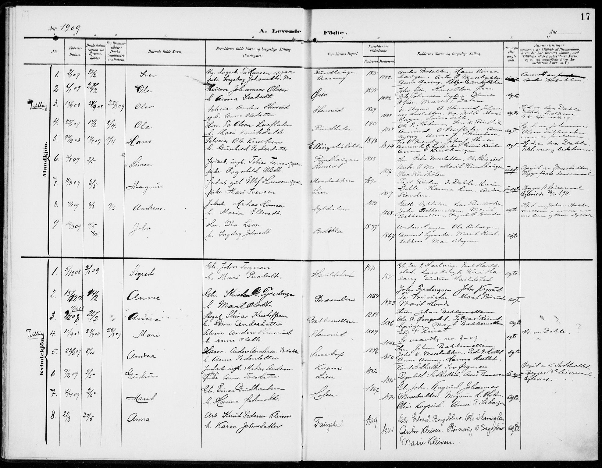 Sel prestekontor, SAH/PREST-074/H/Ha/Haa/L0001: Parish register (official) no. 1, 1905-1922, p. 17