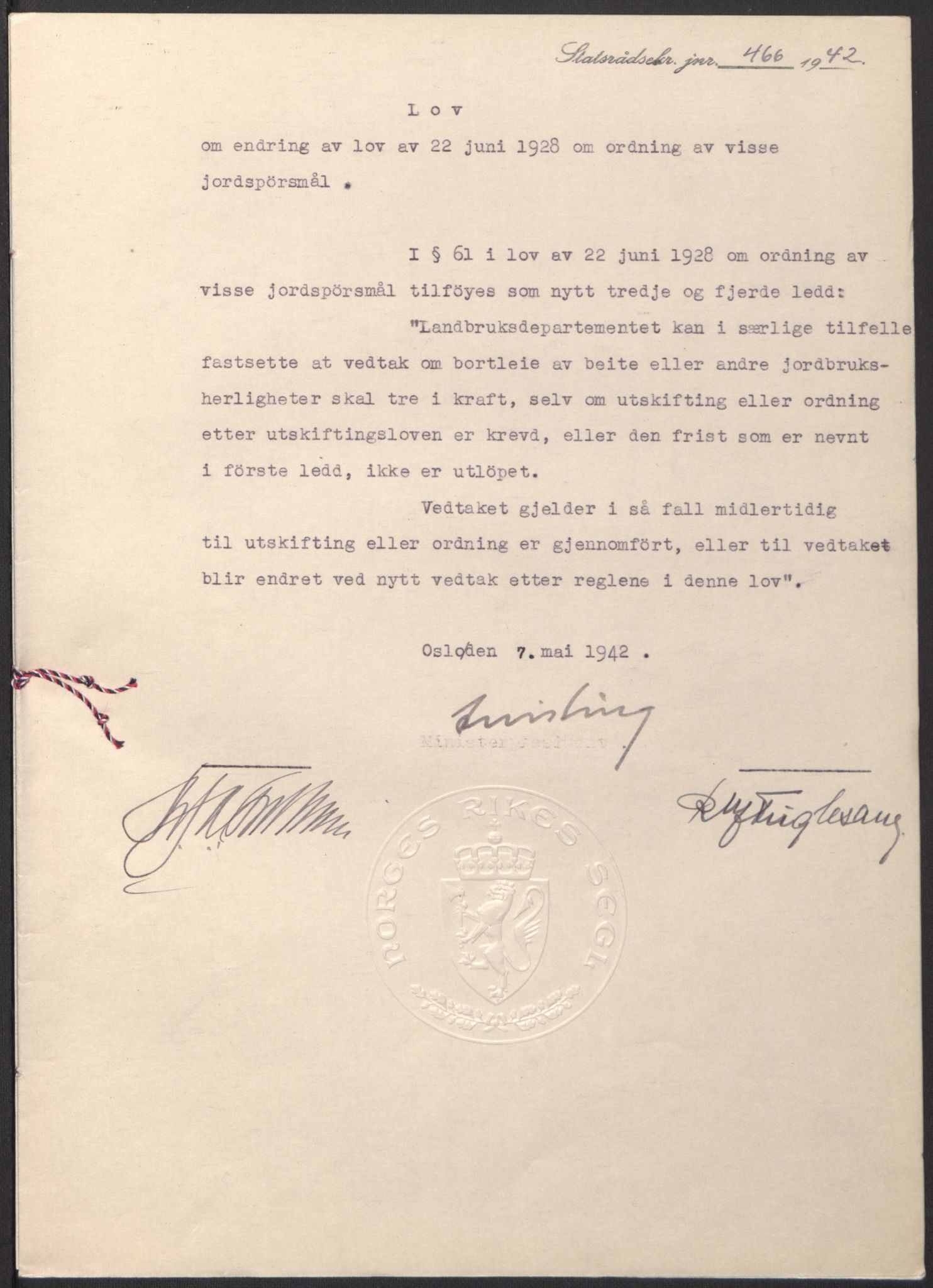 NS-administrasjonen 1940-1945 (Statsrådsekretariatet, de kommisariske statsråder mm), AV/RA-S-4279/D/Db/L0097: Lover I, 1942, p. 338