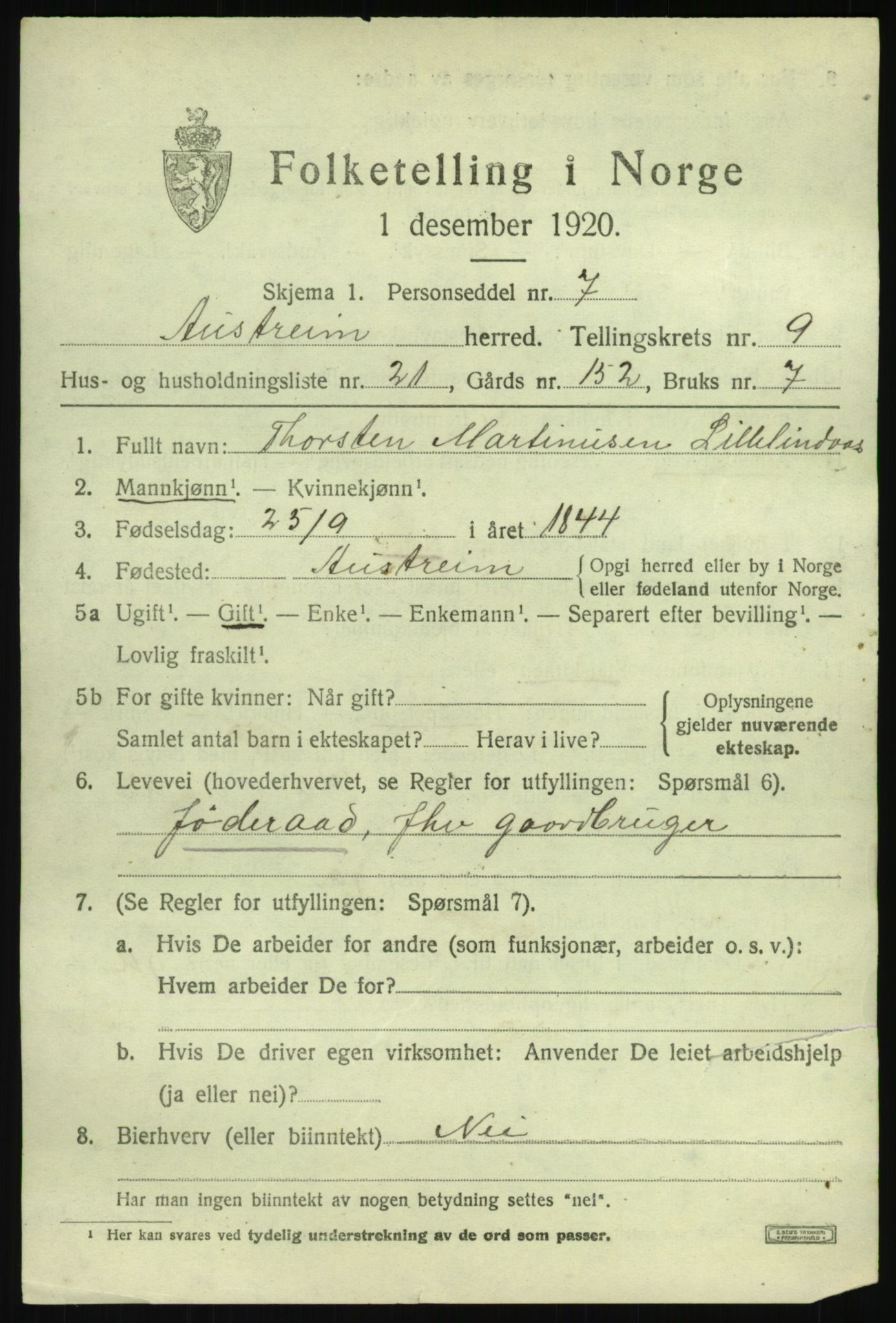 SAB, 1920 census for Austrheim, 1920, p. 3466