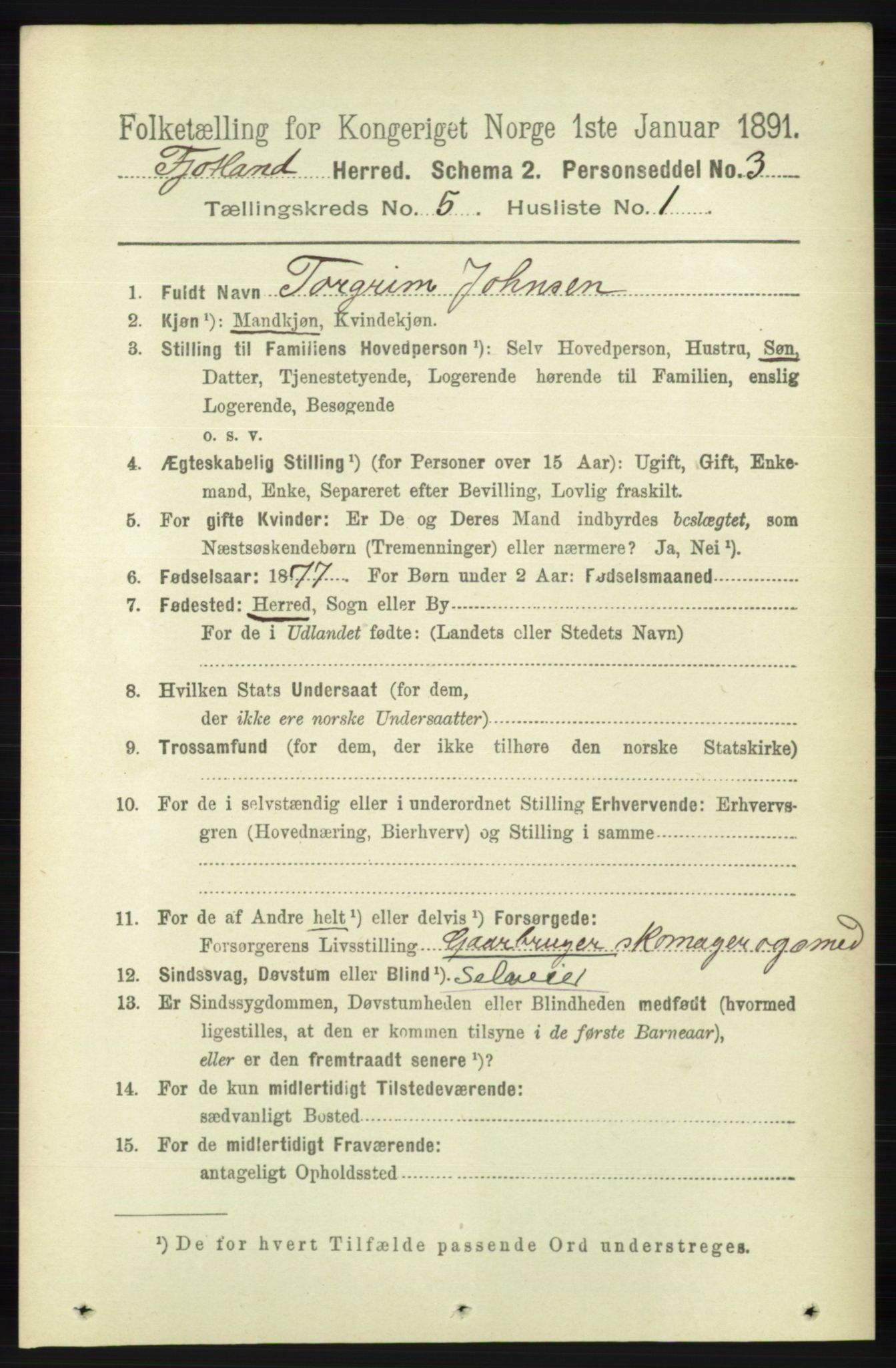 RA, 1891 census for 1036 Fjotland, 1891, p. 721