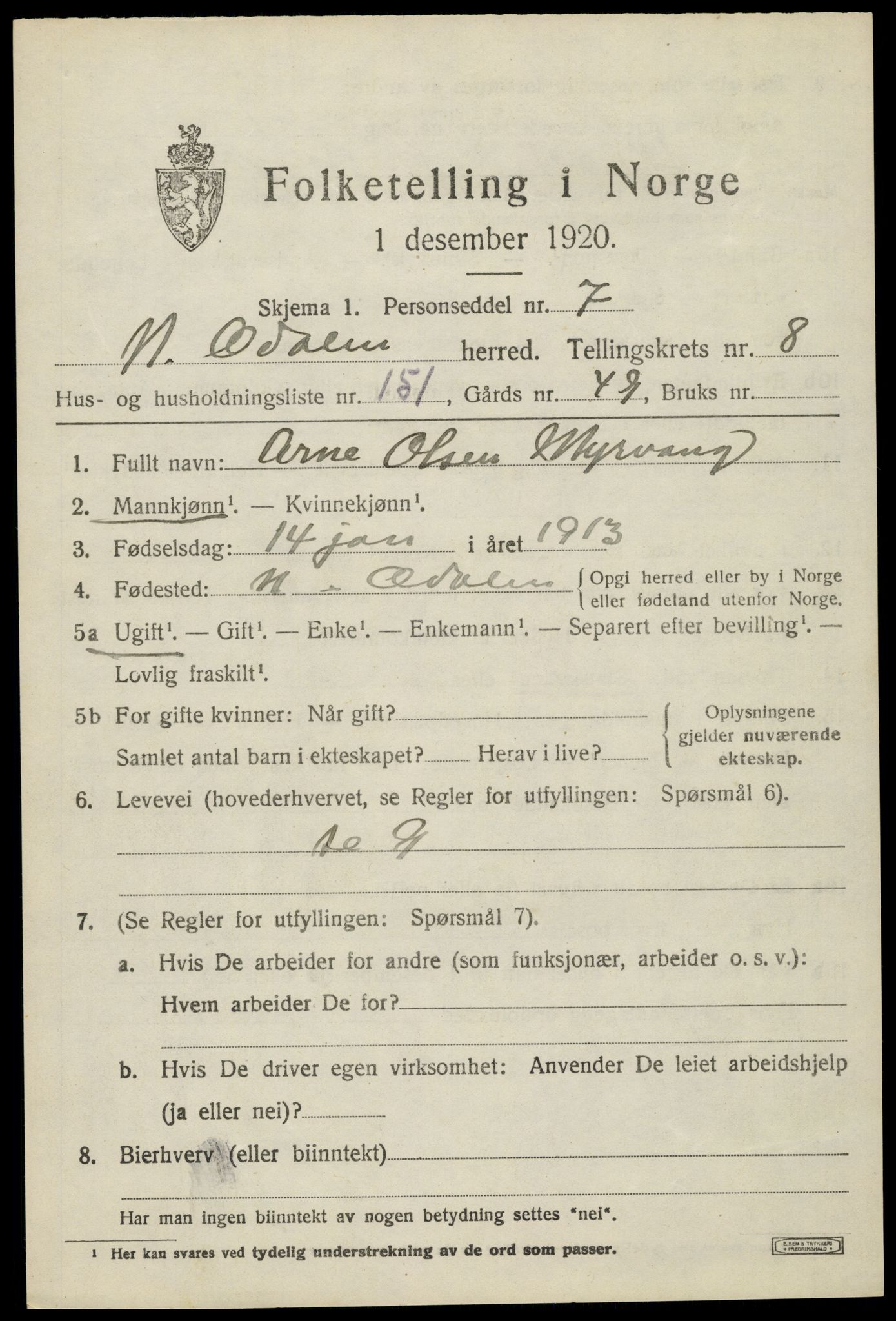 SAH, 1920 census for Nord-Odal, 1920, p. 9573