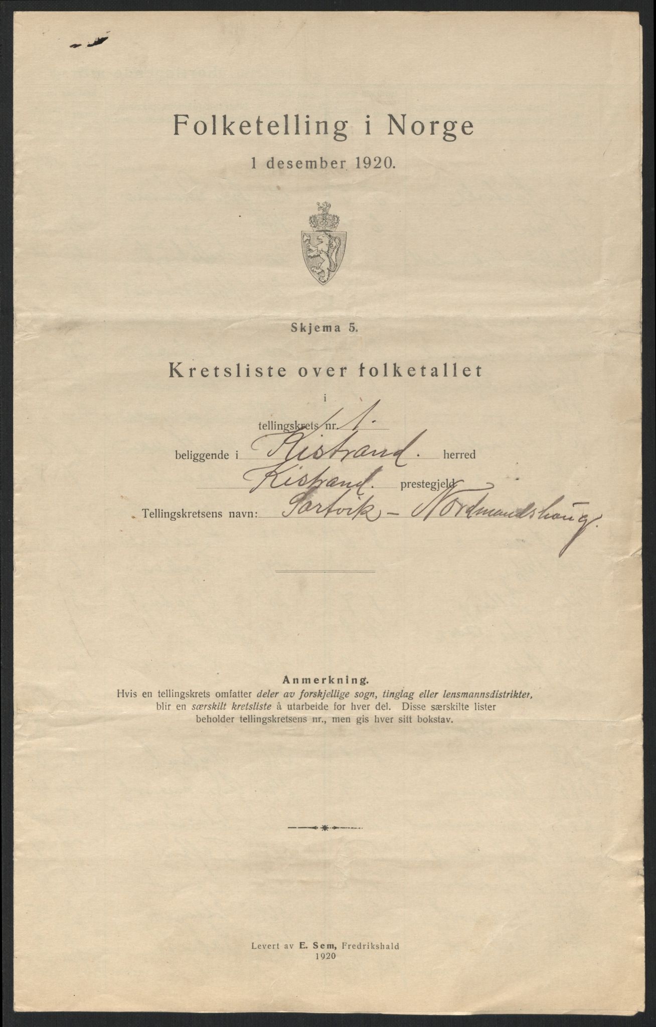 SATØ, 1920 census for Kistrand, 1920, p. 6