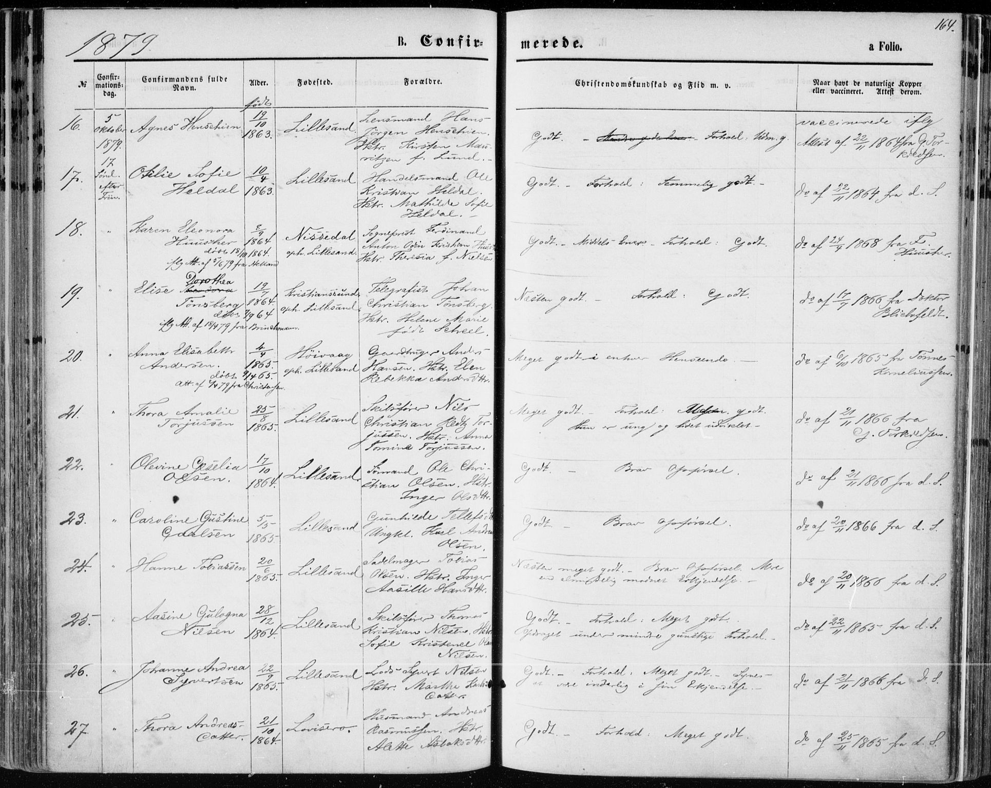 Vestre Moland sokneprestkontor, SAK/1111-0046/F/Fa/Fab/L0008: Parish register (official) no. A 8, 1873-1883, p. 164