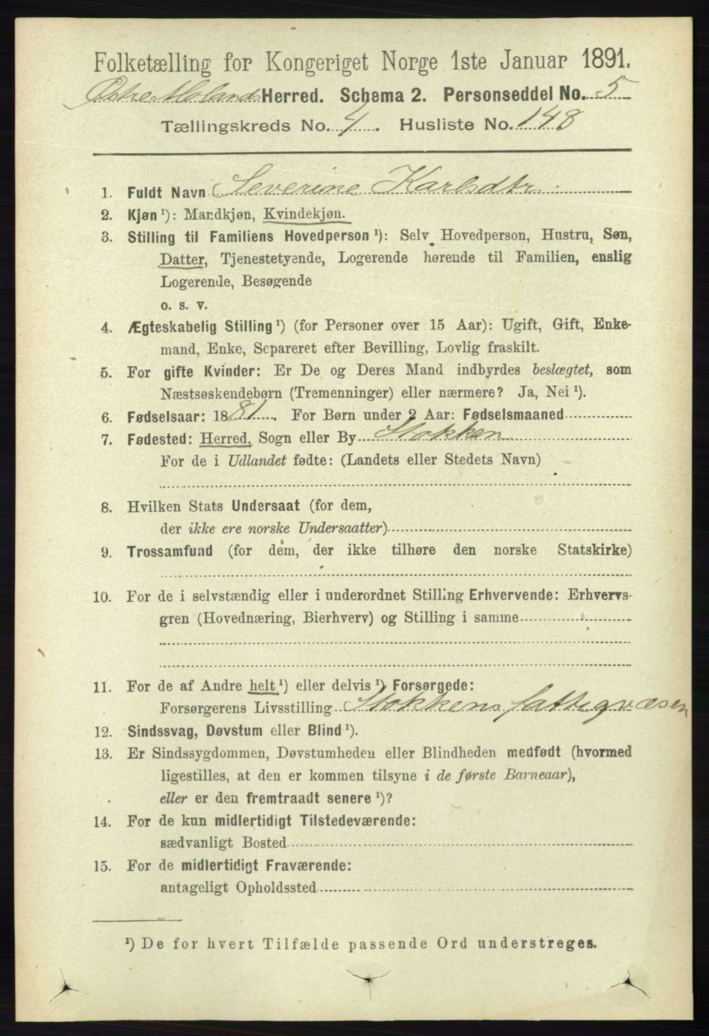 RA, 1891 census for 0918 Austre Moland, 1891, p. 2844