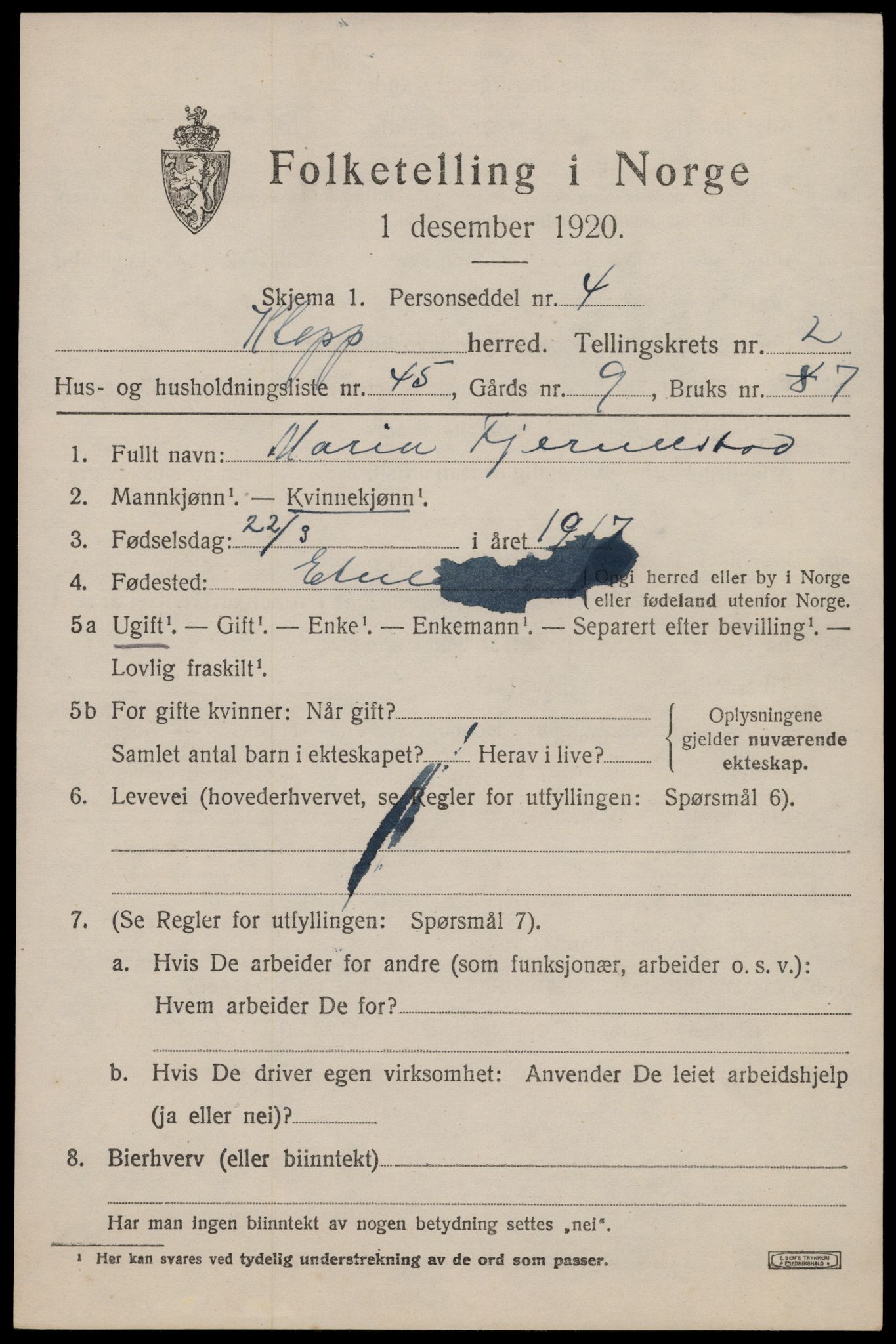 SAST, 1920 census for Klepp, 1920, p. 3180