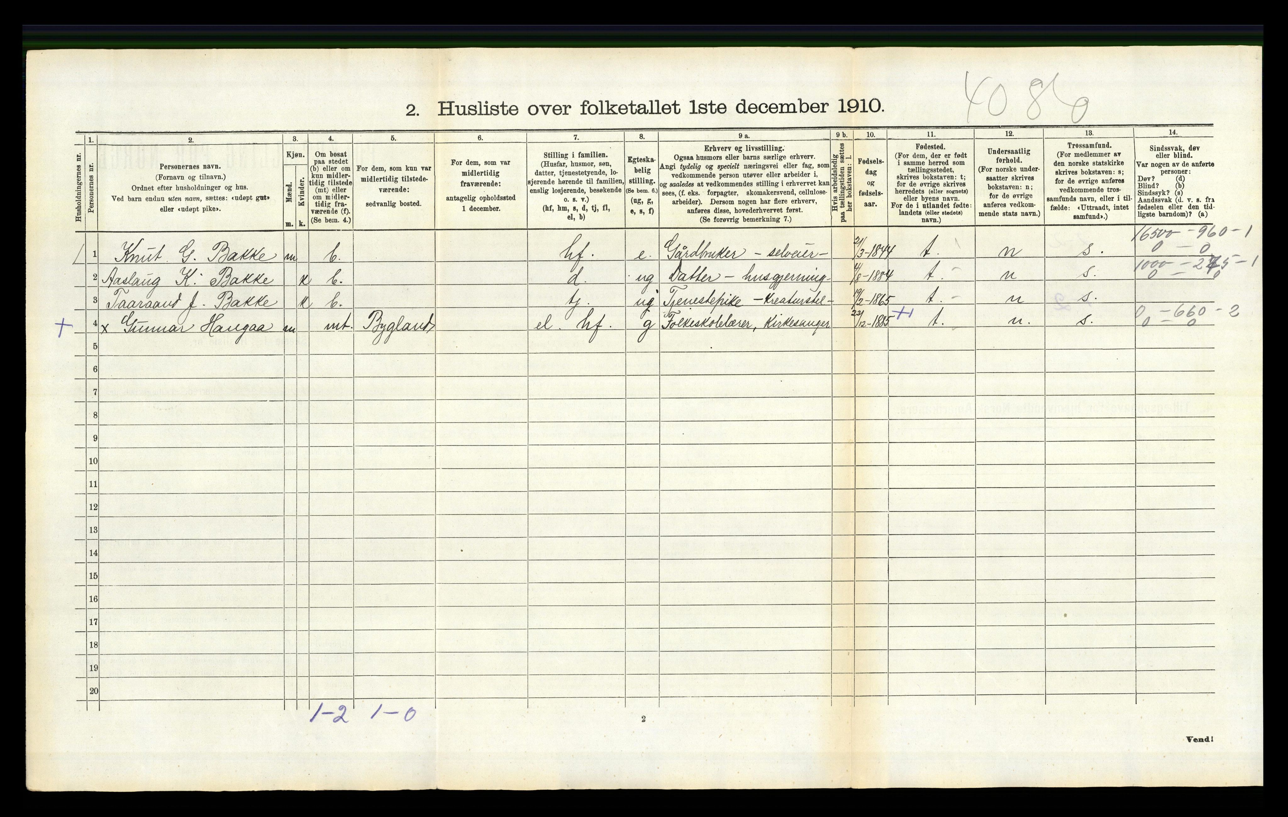 RA, 1910 census for Bygland, 1910, p. 208