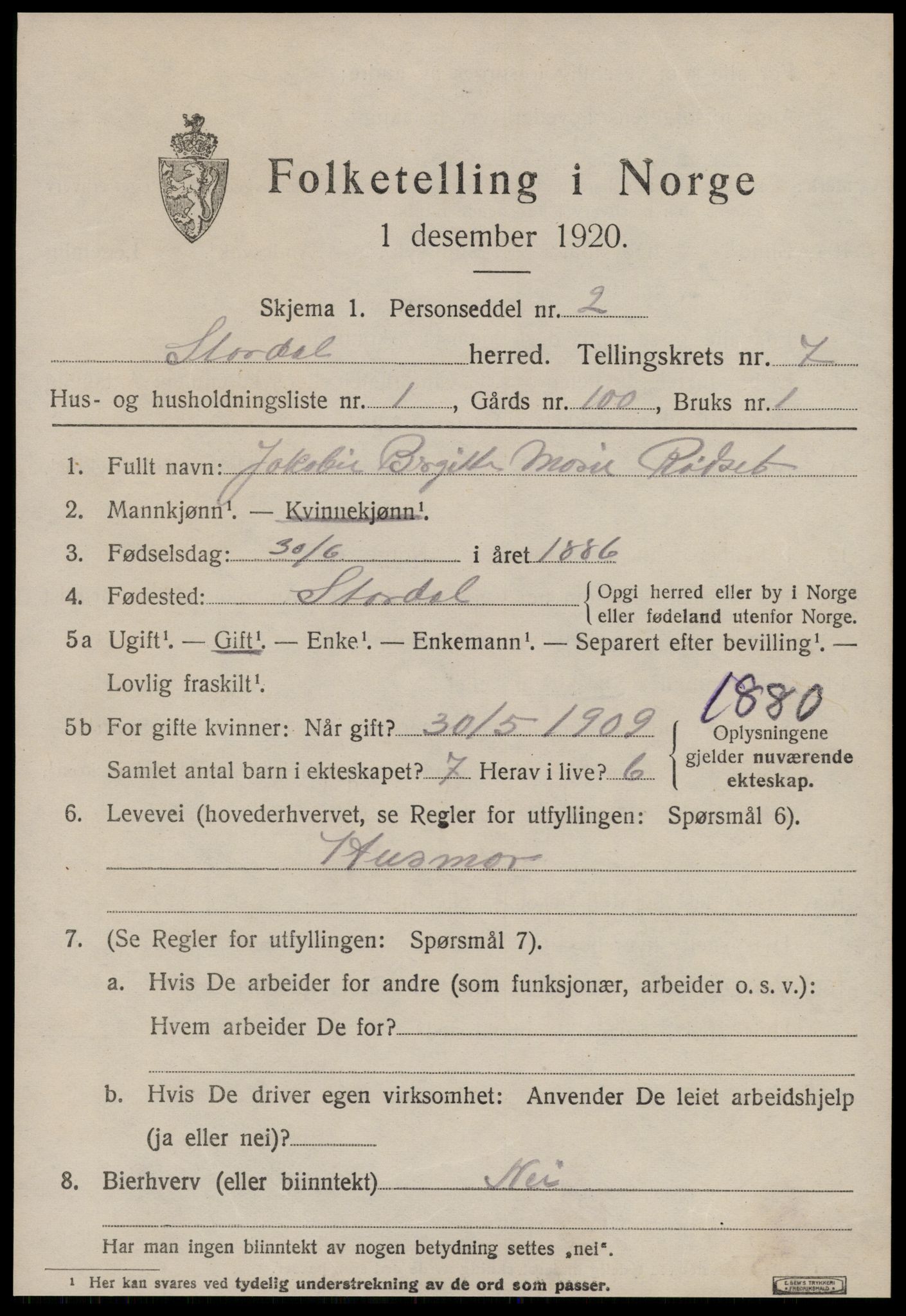 SAT, 1920 census for Stordal, 1920, p. 2088