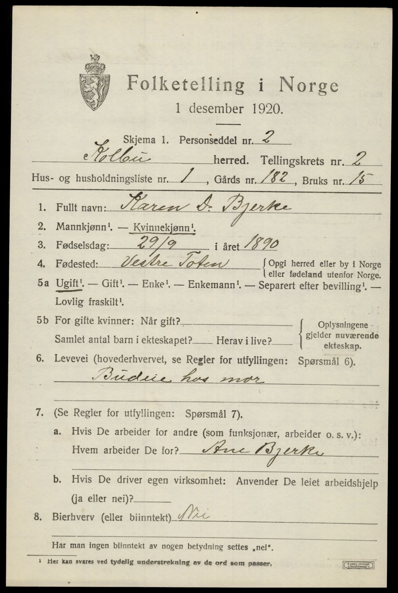 SAH, 1920 census for Kolbu, 1920, p. 1734