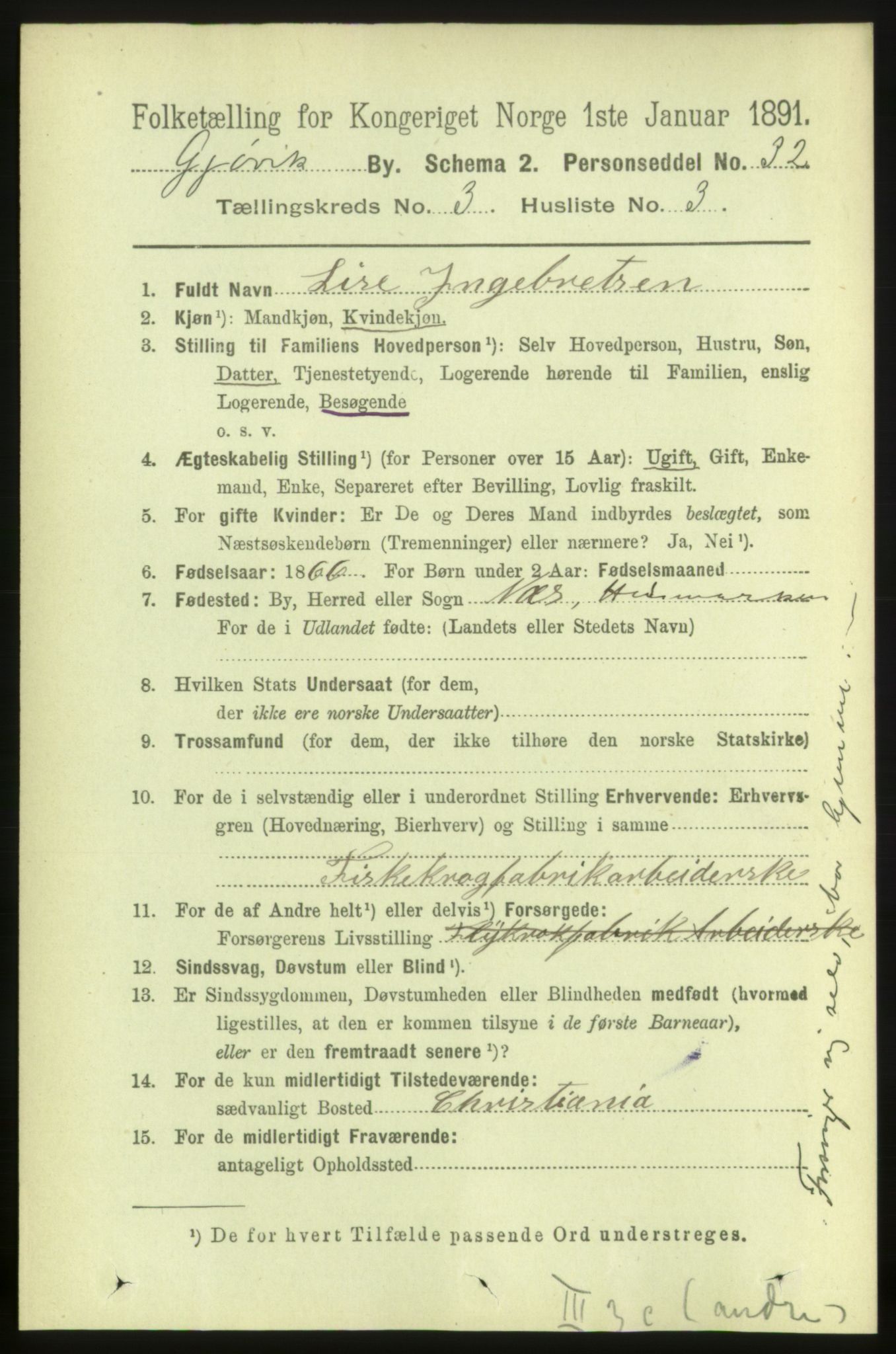 RA, 1891 census for 0502 Gjøvik, 1891, p. 1043