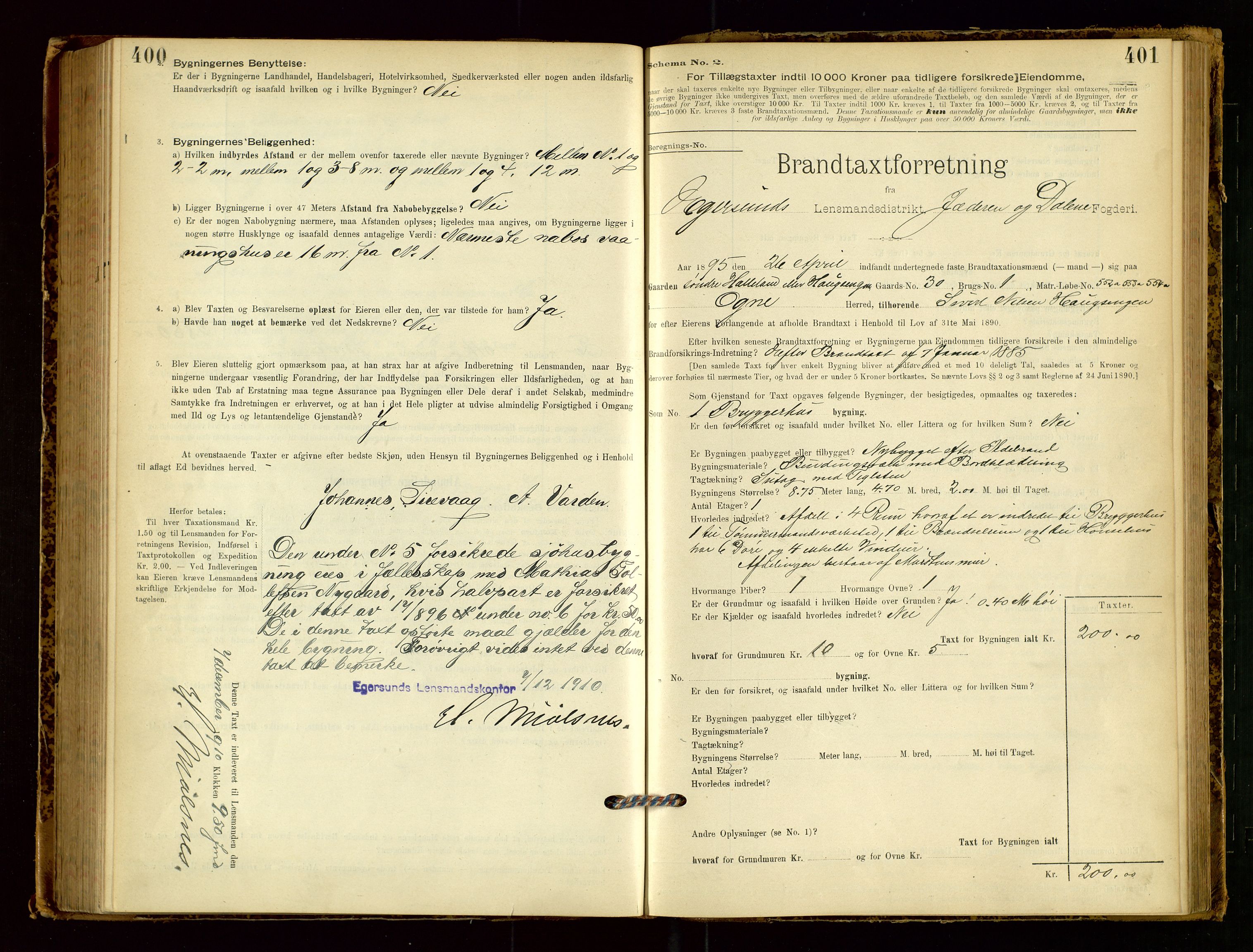 Eigersund lensmannskontor, SAST/A-100171/Gob/L0001: Skjemaprotokoll, 1894-1909, p. 400-401