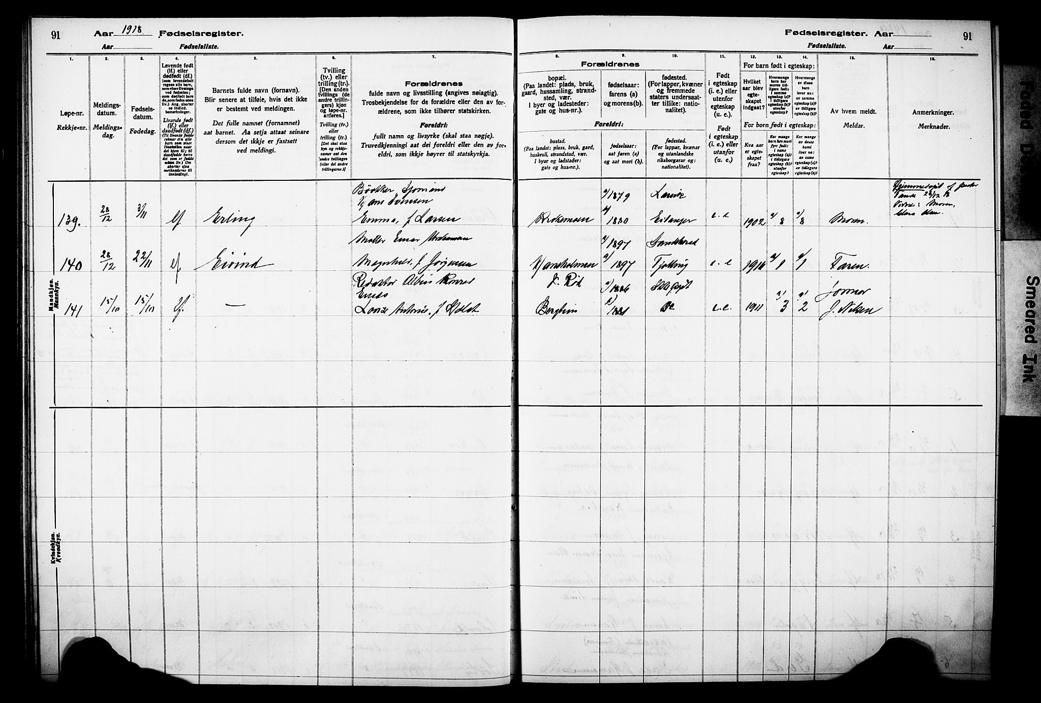 Sandar kirkebøker, AV/SAKO-A-243/J/Ja/L0001: Birth register no. 1, 1916-1922, p. 91