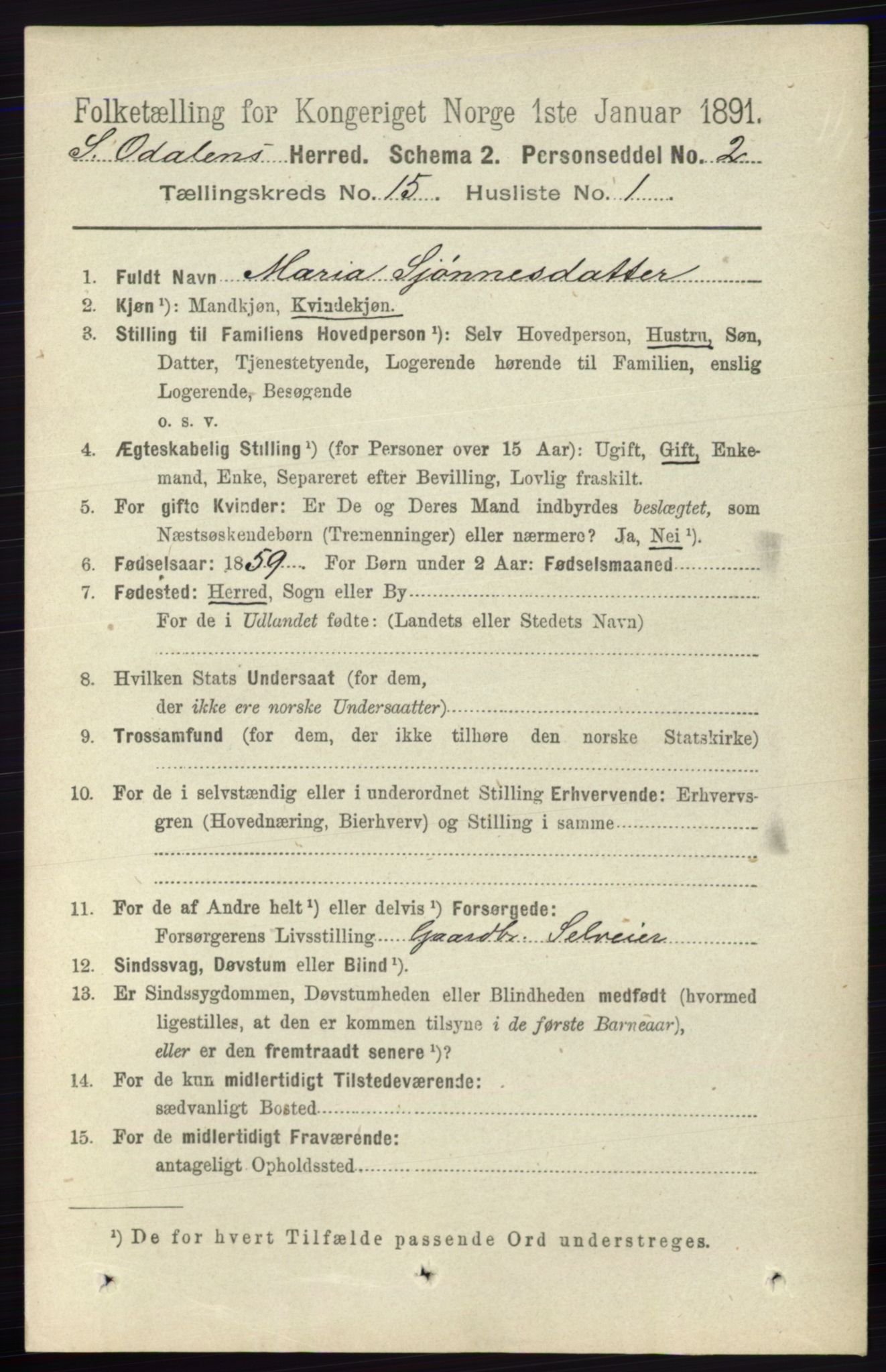 RA, 1891 census for 0419 Sør-Odal, 1891, p. 6574