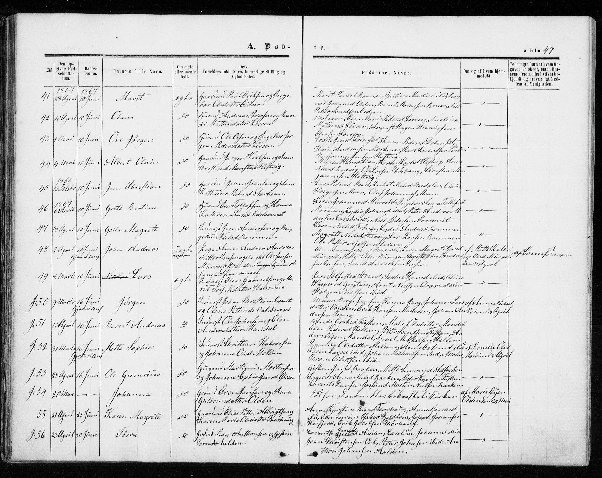 Ministerialprotokoller, klokkerbøker og fødselsregistre - Sør-Trøndelag, SAT/A-1456/655/L0678: Parish register (official) no. 655A07, 1861-1873, p. 47