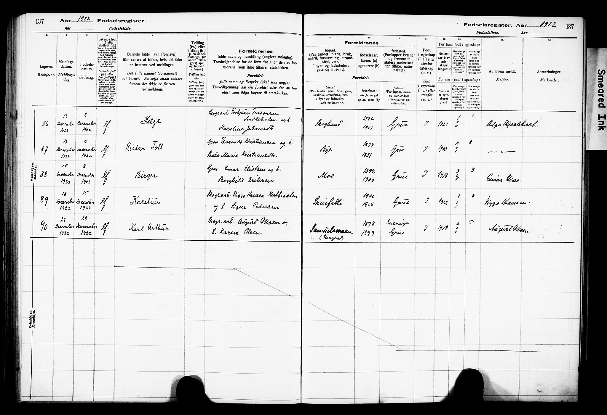 Grue prestekontor, AV/SAH-PREST-036/I/Id/Ida/L0001: Birth register no. I 1, 1916-1926, p. 137