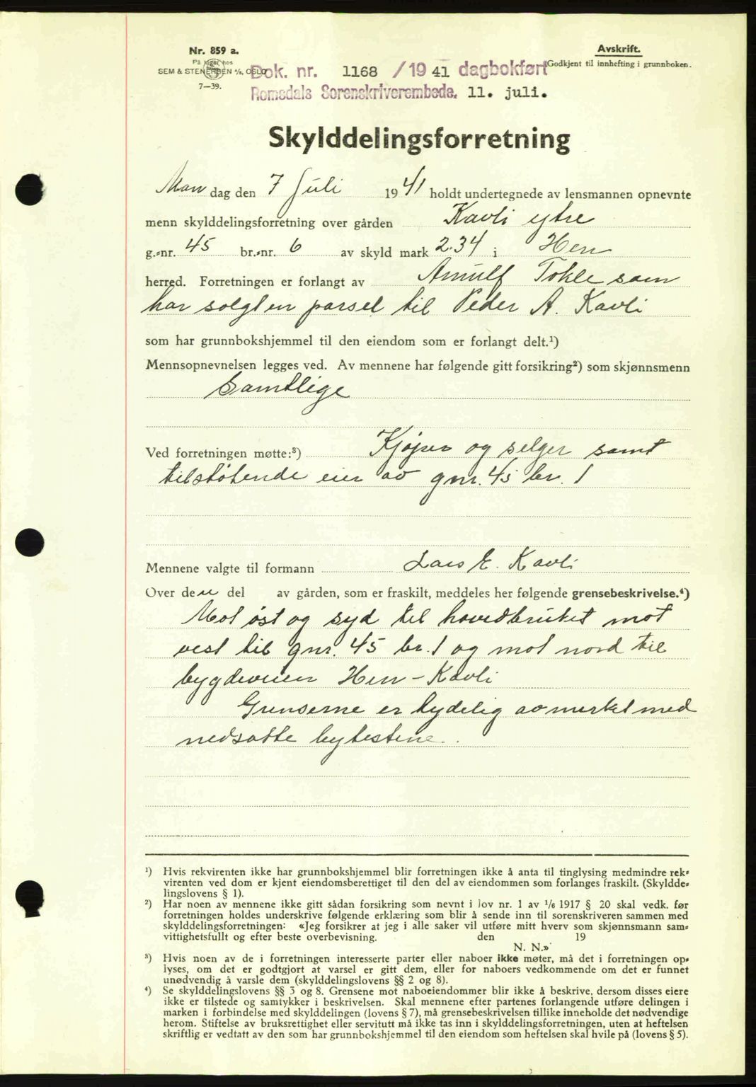 Romsdal sorenskriveri, AV/SAT-A-4149/1/2/2C: Mortgage book no. A10, 1941-1941, Diary no: : 1168/1941