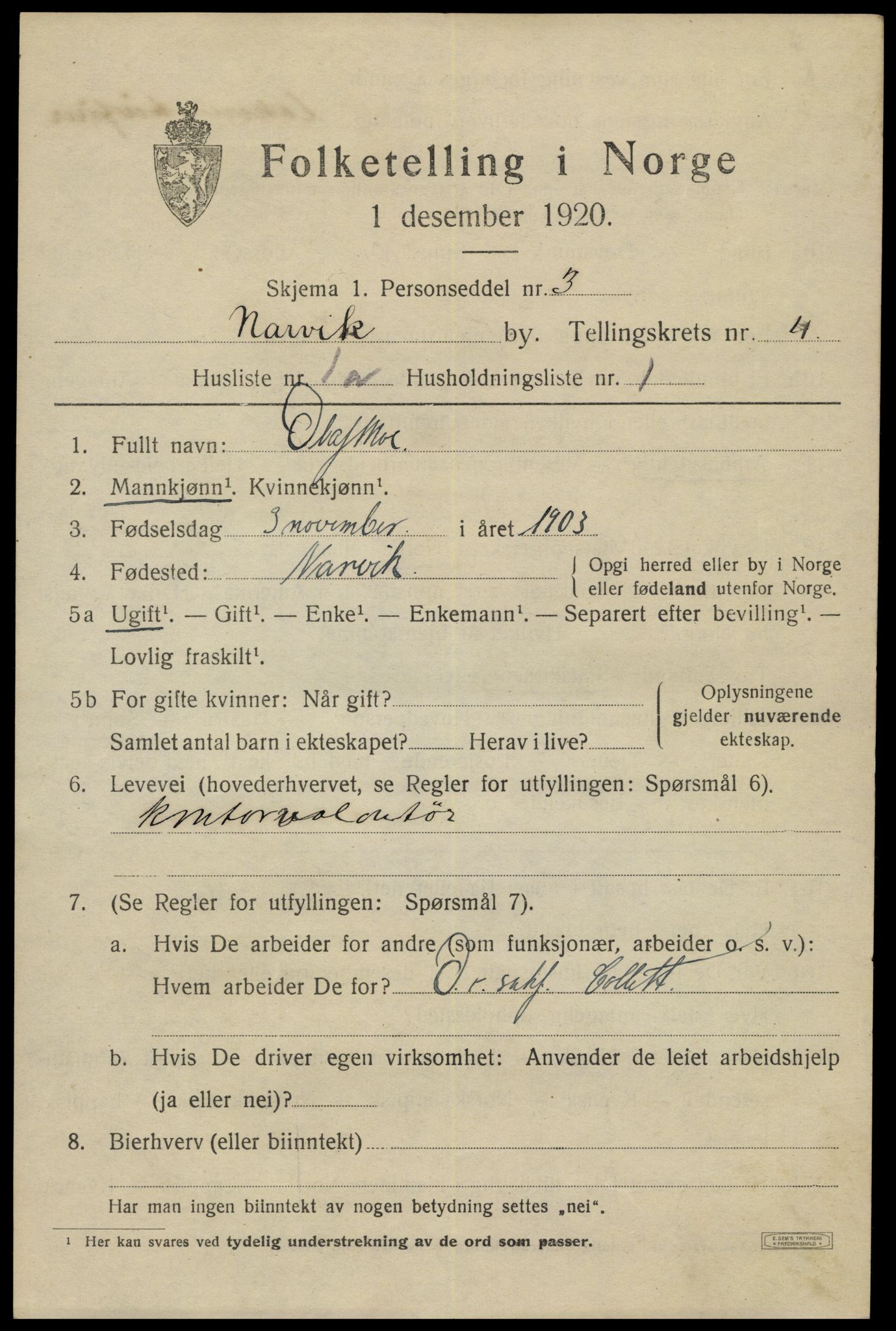 SAT, 1920 census for Narvik, 1920, p. 14264