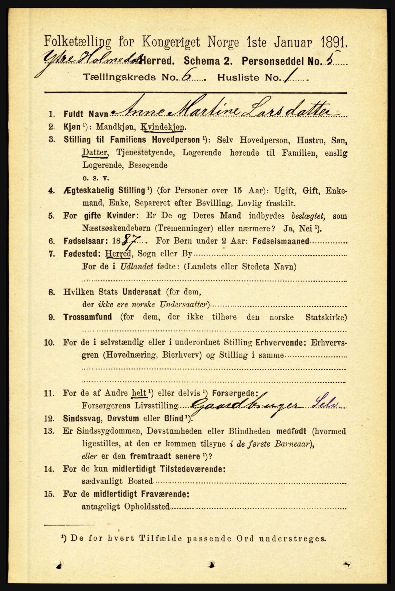 RA, 1891 census for 1429 Ytre Holmedal, 1891, p. 1336