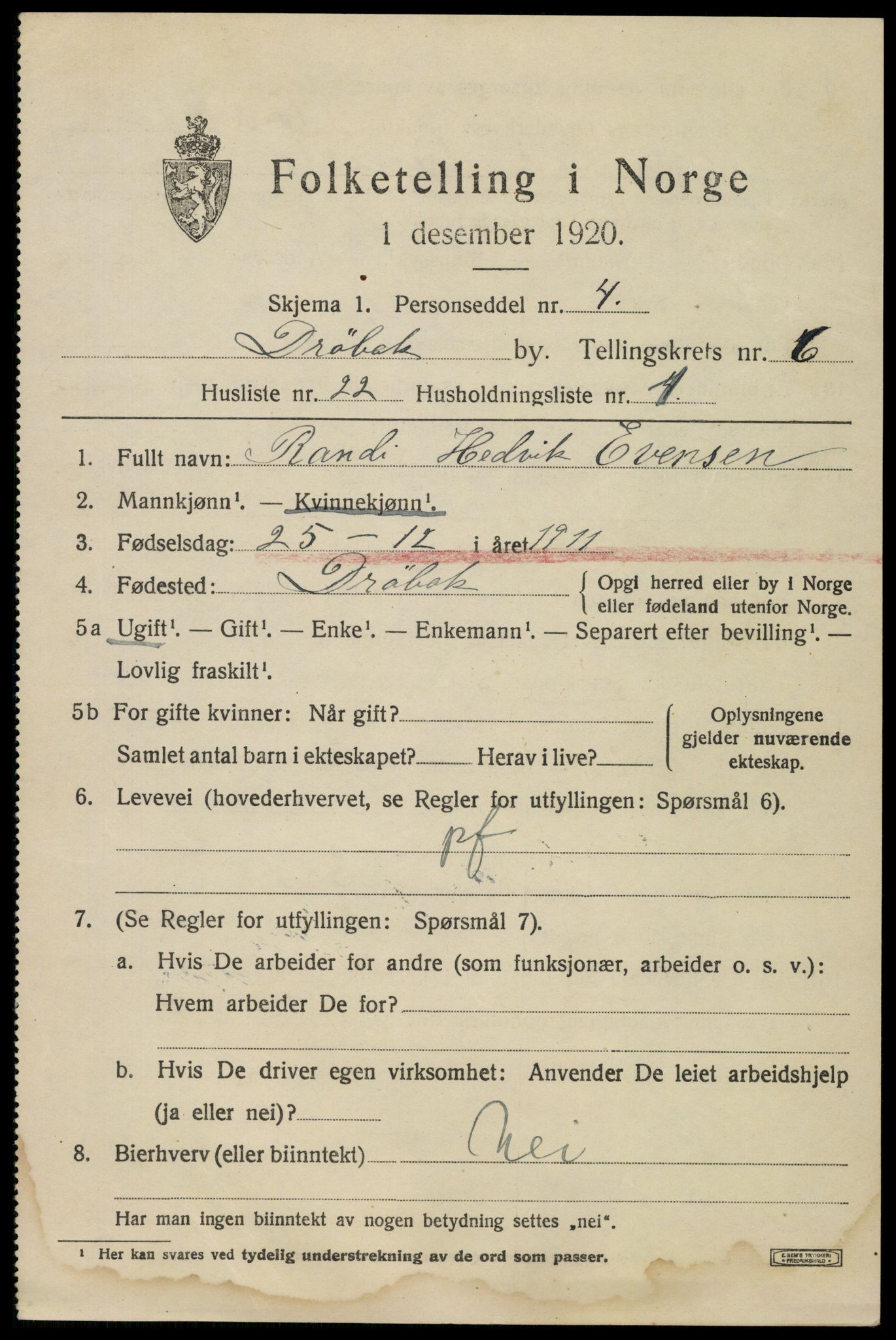 SAO, 1920 census for Drøbak, 1920, p. 5237