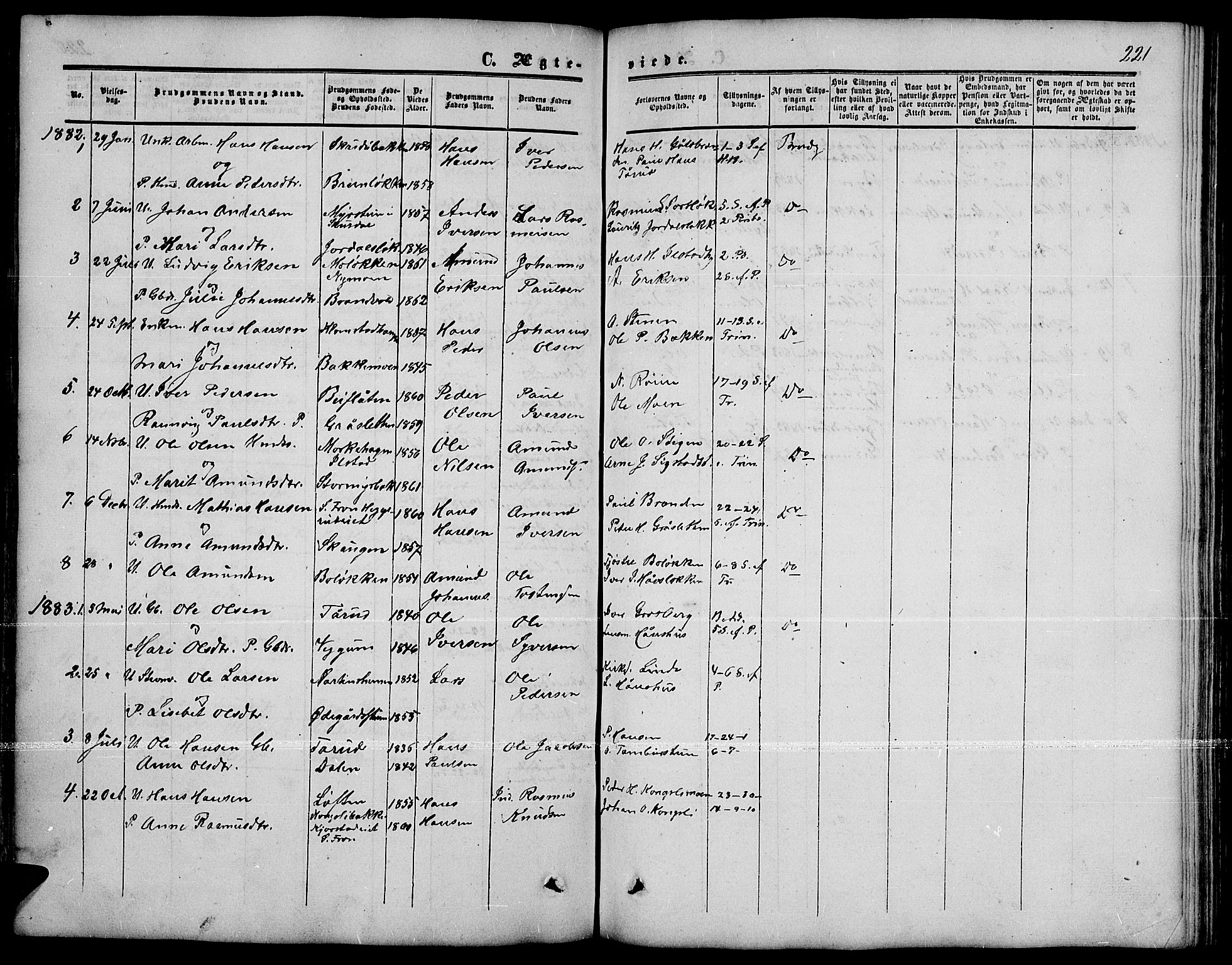 Nord-Fron prestekontor, SAH/PREST-080/H/Ha/Hab/L0001: Parish register (copy) no. 1, 1851-1883, p. 221