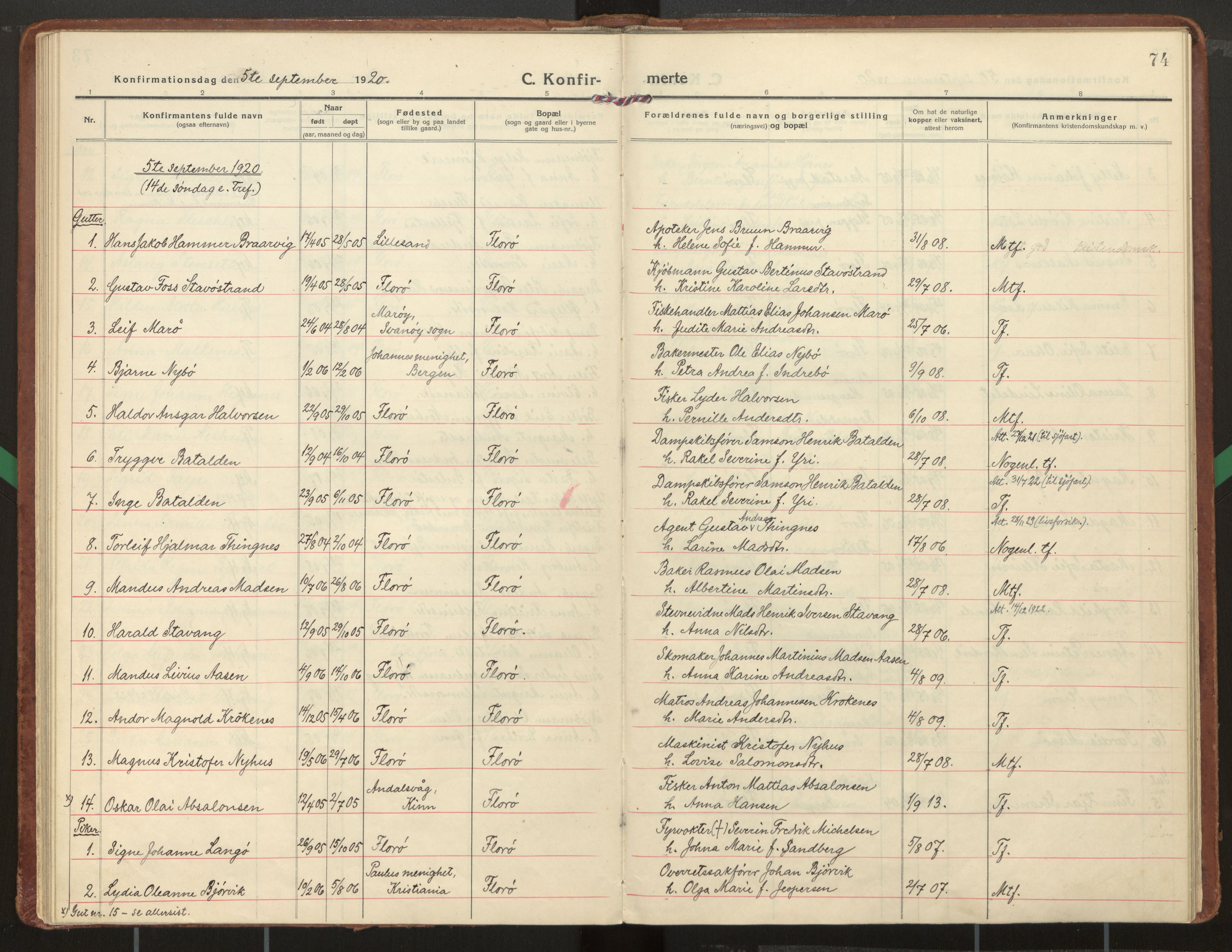 Kinn sokneprestembete, SAB/A-80801/H/Haa/Haac/L0003: Parish register (official) no. C 3, 1917-1934, p. 74