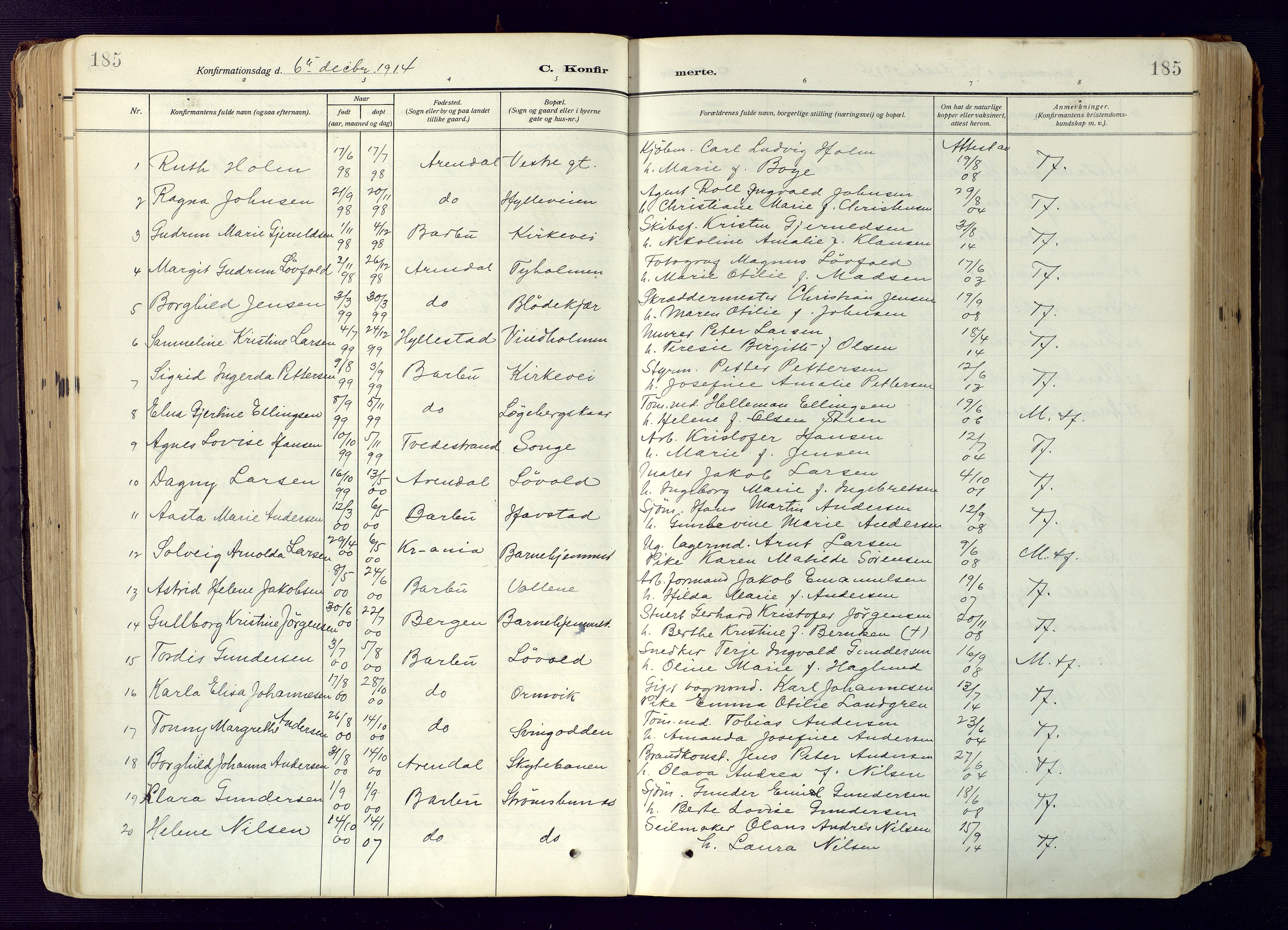 Barbu sokneprestkontor, SAK/1111-0003/F/Fa/L0006: Parish register (official) no. A 6, 1910-1929, p. 185