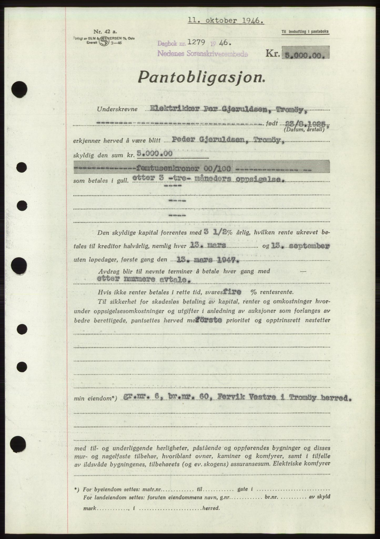 Nedenes sorenskriveri, SAK/1221-0006/G/Gb/Gbb/L0003: Mortgage book no. B3b, 1946-1946, Diary no: : 1279/1946