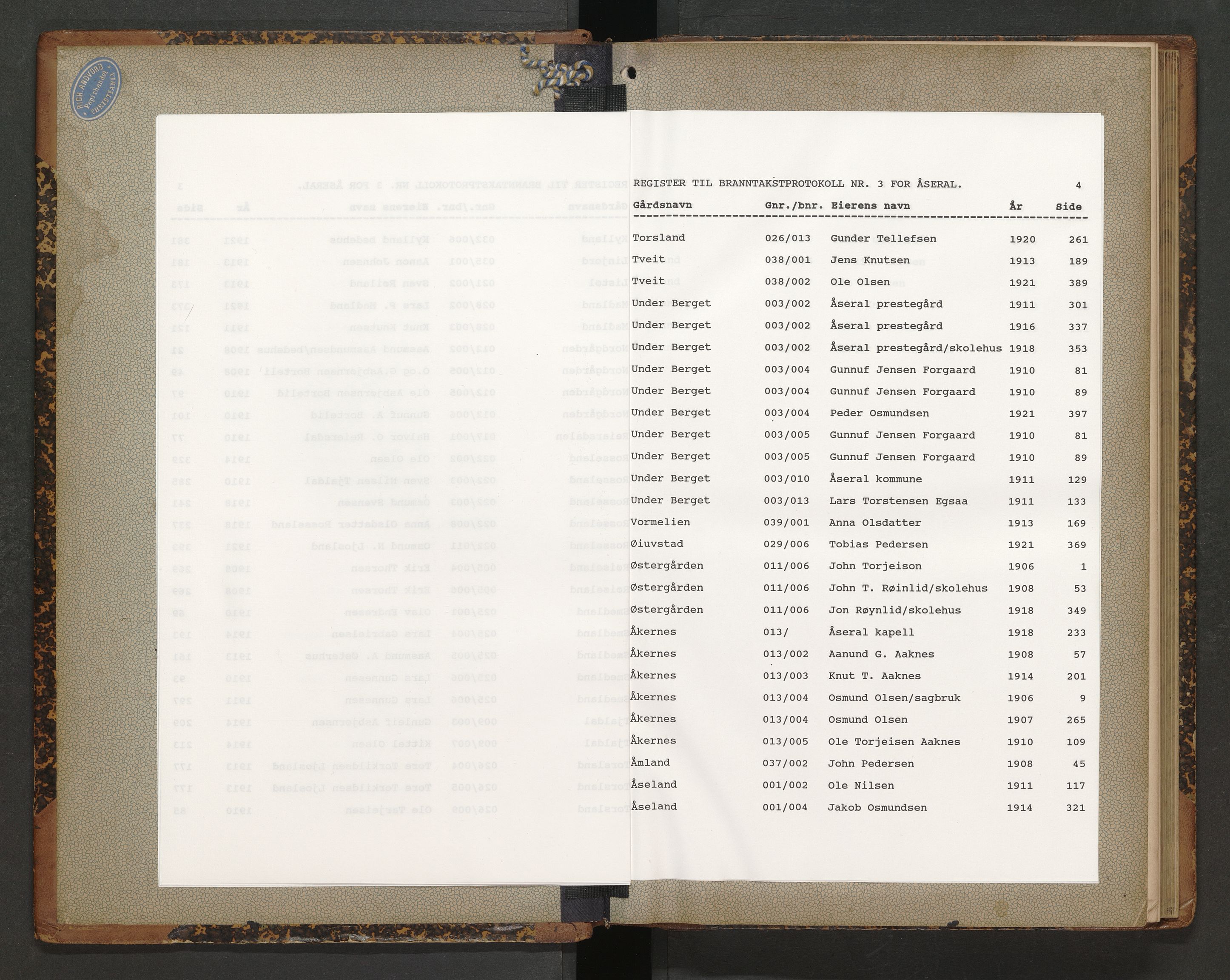 Norges Brannkasse Åseral, AV/SAK-2241-0062/F/Fa/L0003: Branntakstprotokoll nr. 3 med gårdsnavnregister, 1906-1921