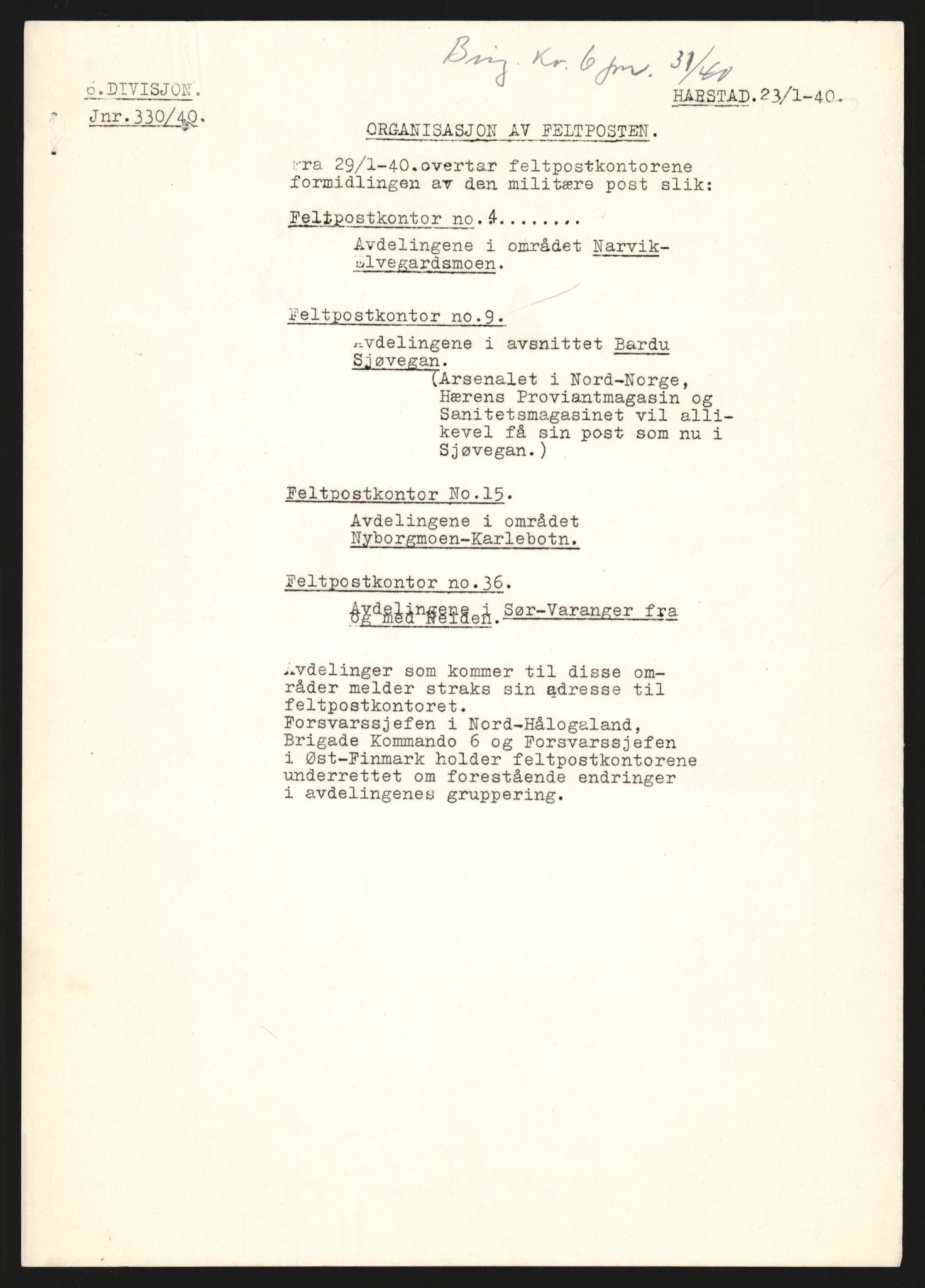 Forsvaret, Forsvarets krigshistoriske avdeling, RA/RAFA-2017/Y/Yb/L0130: II-C-11-600  -  6. Divisjon / 6. Distriktskommando, 1940, p. 485