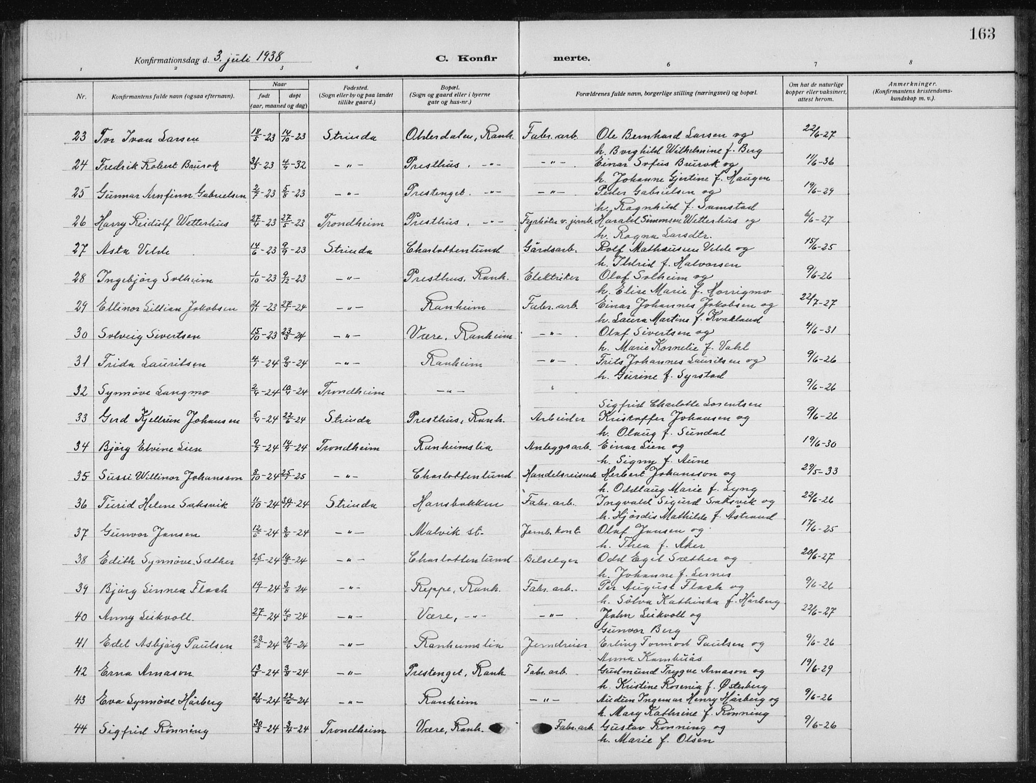 Ministerialprotokoller, klokkerbøker og fødselsregistre - Sør-Trøndelag, AV/SAT-A-1456/615/L0401: Parish register (copy) no. 615C02, 1922-1941, p. 163