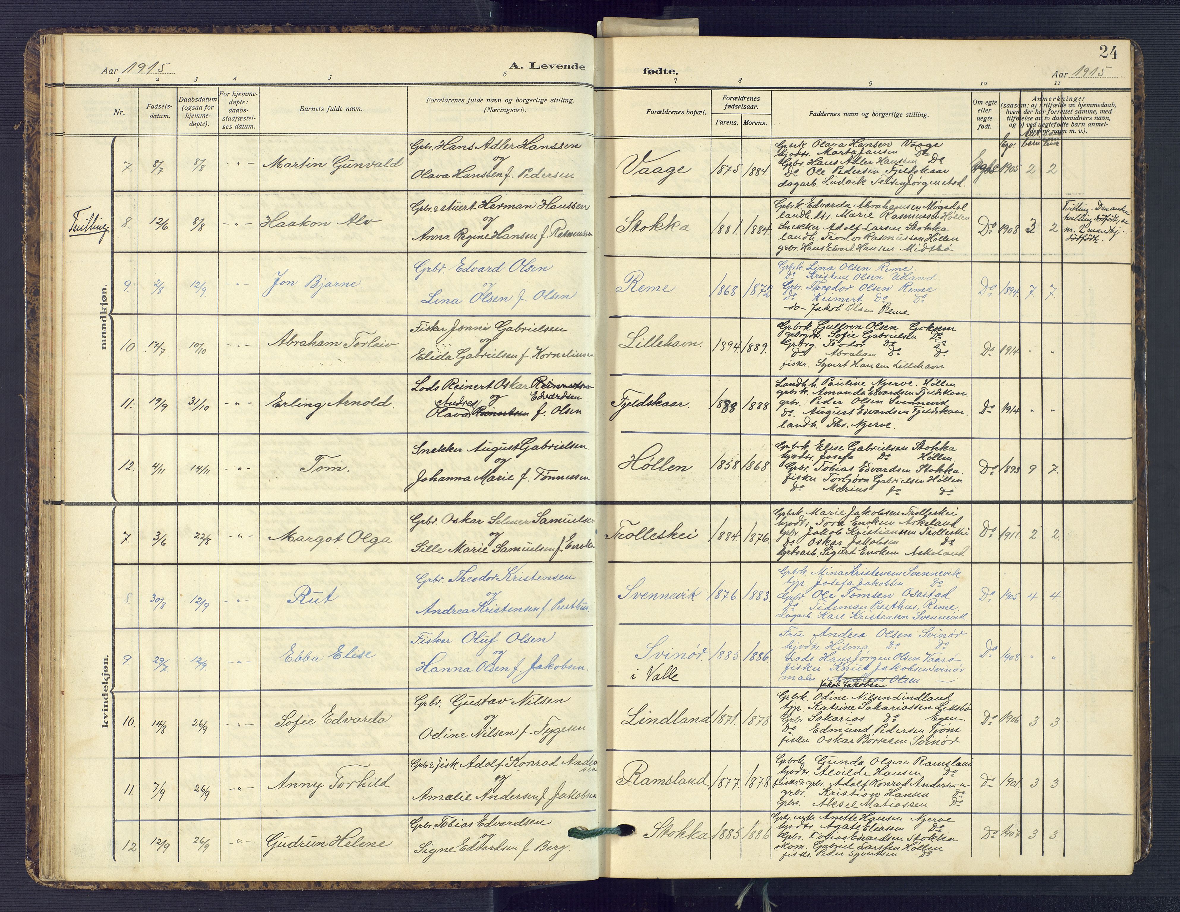 Sør-Audnedal sokneprestkontor, AV/SAK-1111-0039/F/Fb/Fba/L0005: Parish register (copy) no. B 5, 1908-1963, p. 24