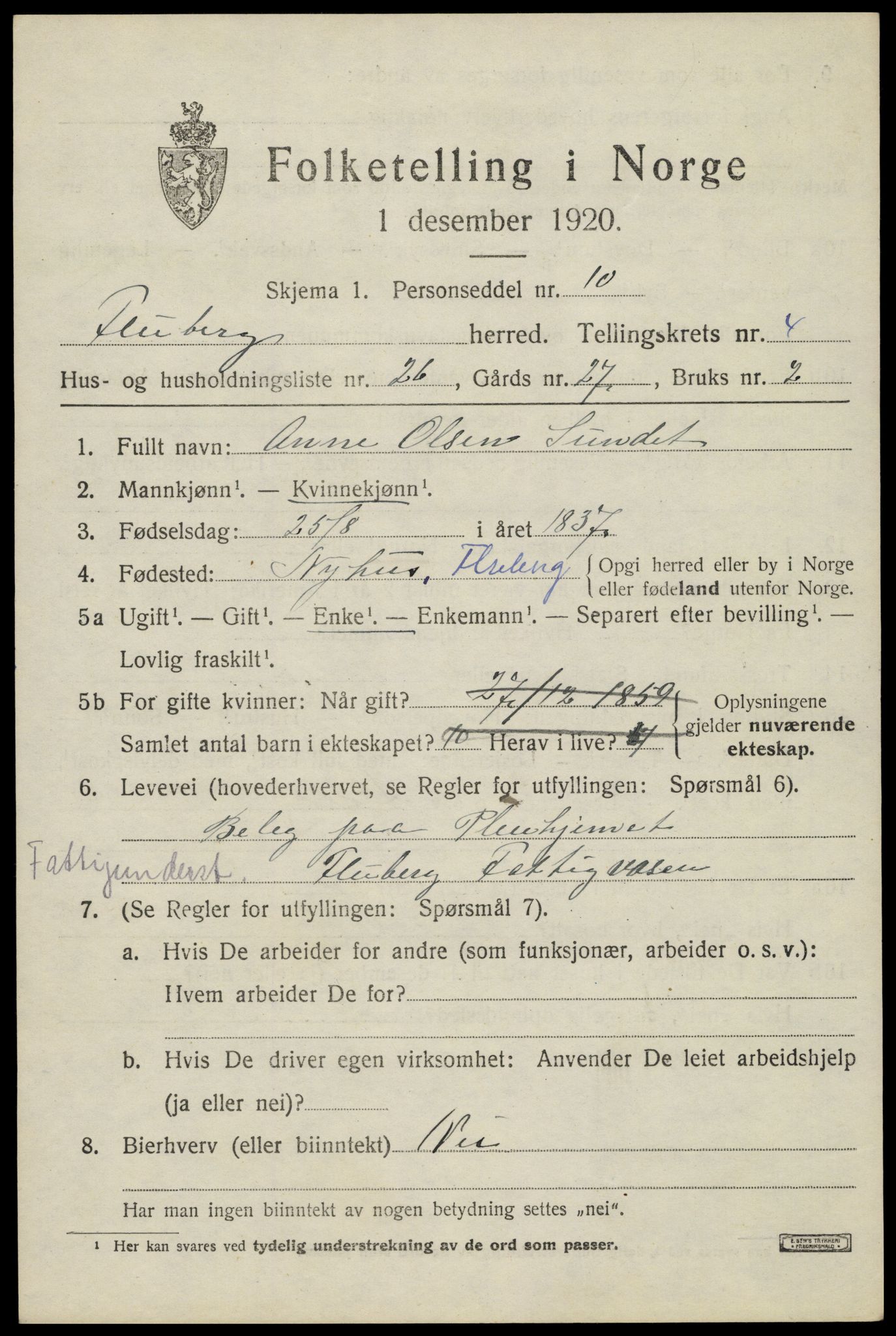 SAH, 1920 census for Fluberg, 1920, p. 3602