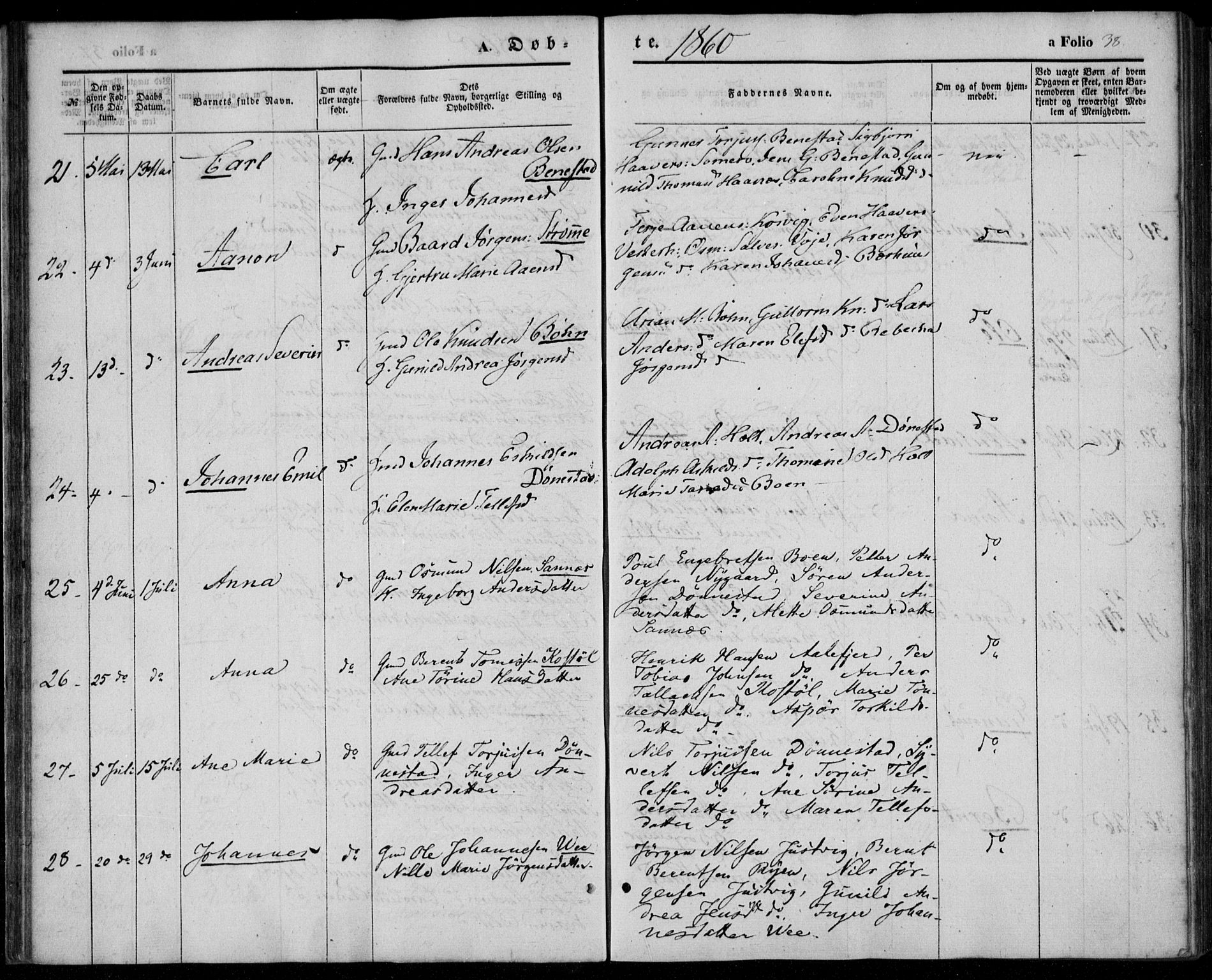 Tveit sokneprestkontor, AV/SAK-1111-0043/F/Fa/L0005: Parish register (official) no. A 5, 1853-1871, p. 38